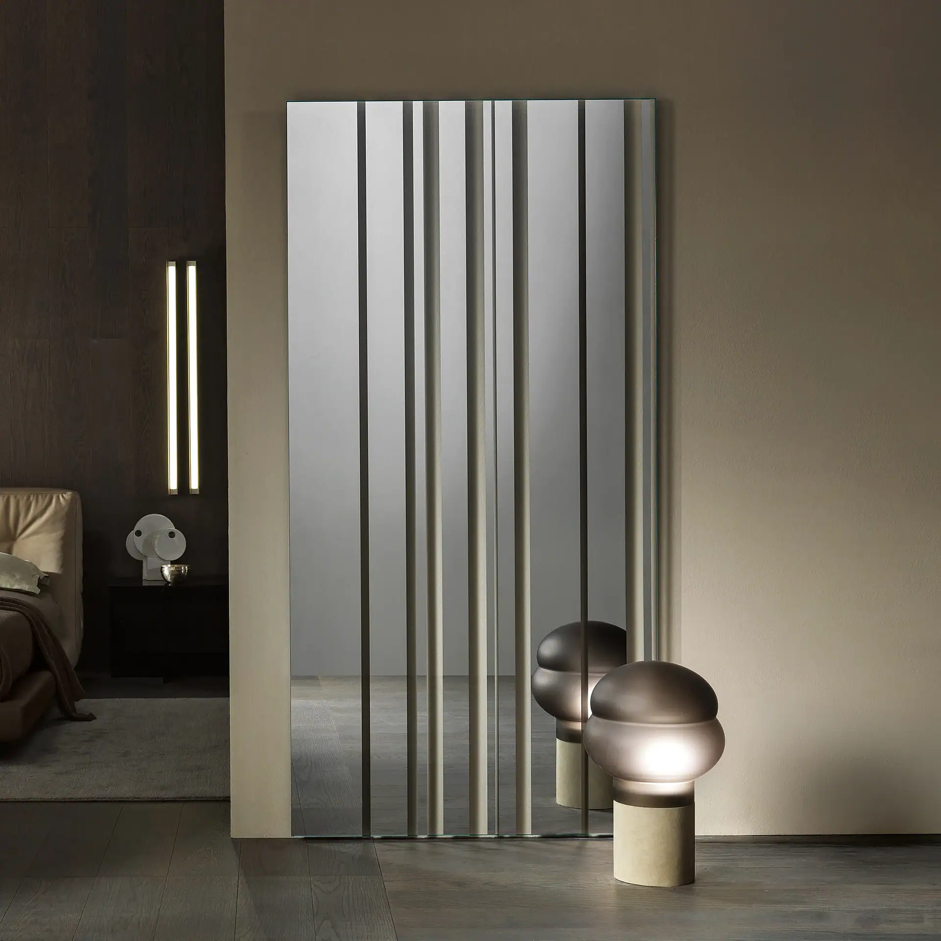 Sklar Furnishings Barcode Wall Mirror with metallic finish and vertical stripes.