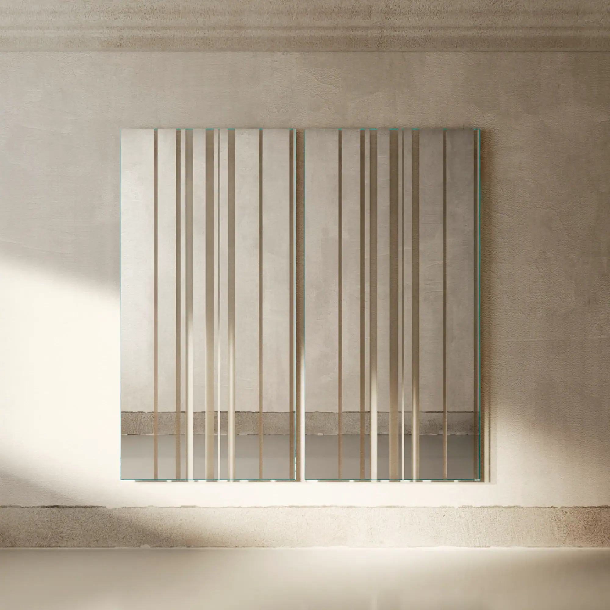 Barcode wall mirror with vertical metal bars and reflective surface.