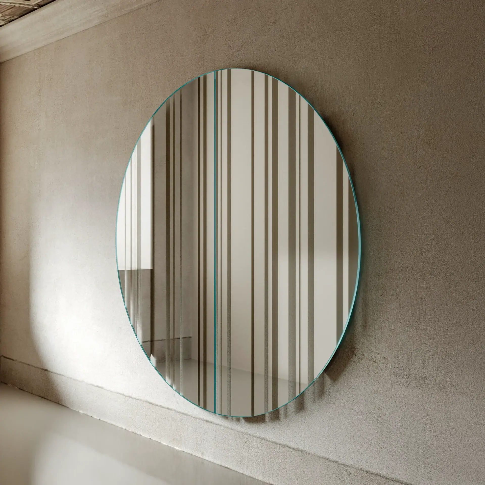 Barcode wall mirror with vertical stripe design on a beige wall.