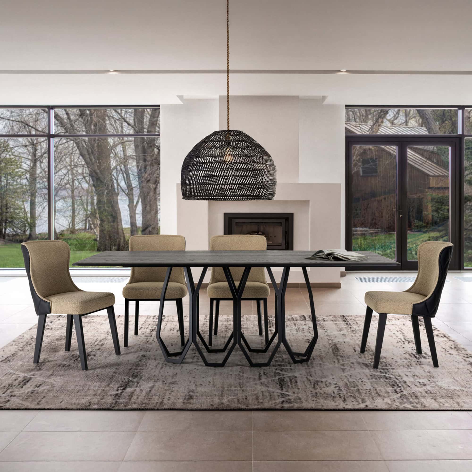 Rectangular Opal Geometric Dining Table in a modern dining room with a black sculptural base, paired with six upholstered chairs and a woven pendant light above.