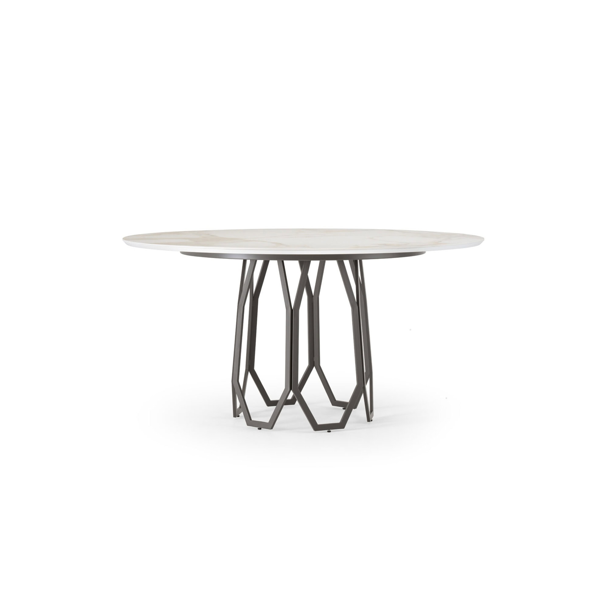 Studio shot of the round Opal Geometric Dining Table featuring a black geometric metal base and a light tabletop.