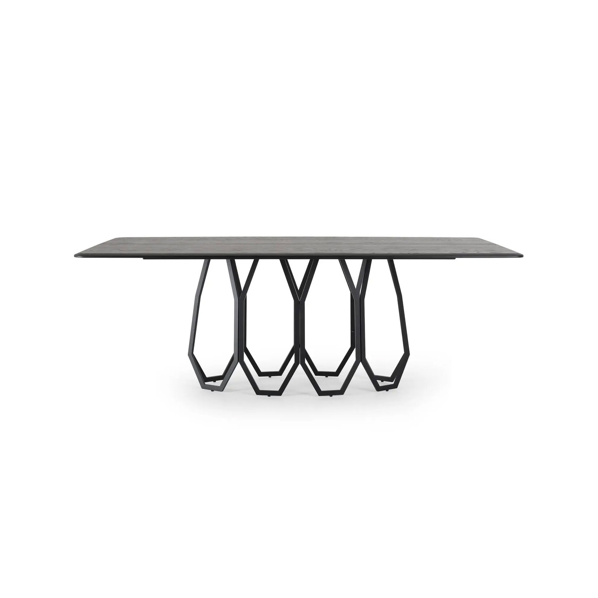 Studio shot of the rectangular Opal Geometric Dining Table showcasing its architectural black metal base and flat top.