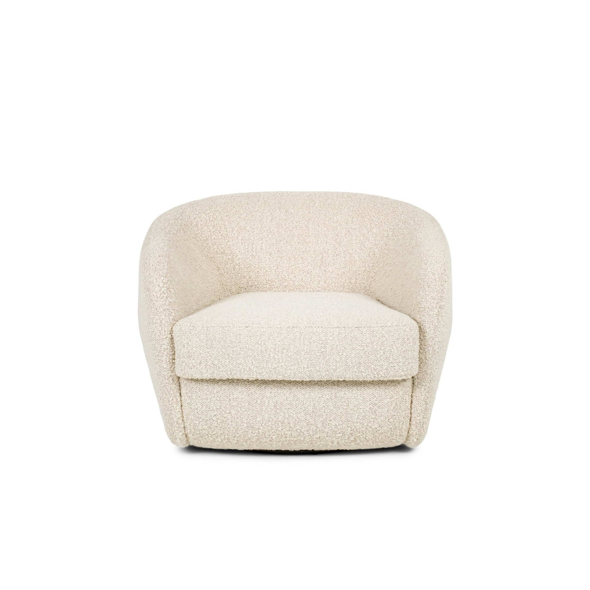 Cream upholstered armchair with plush cushioning and rounded design.