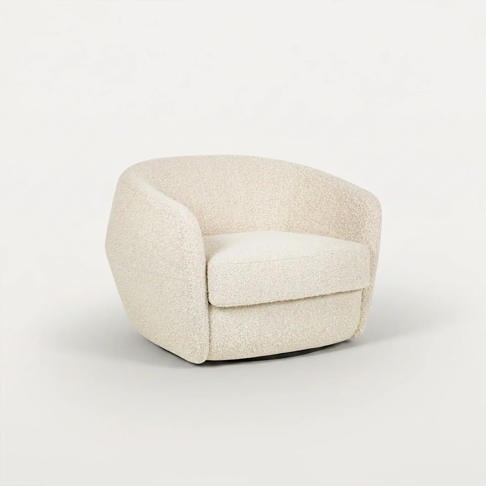 Modern cream upholstered armchair with rounded design for stylish comfort.