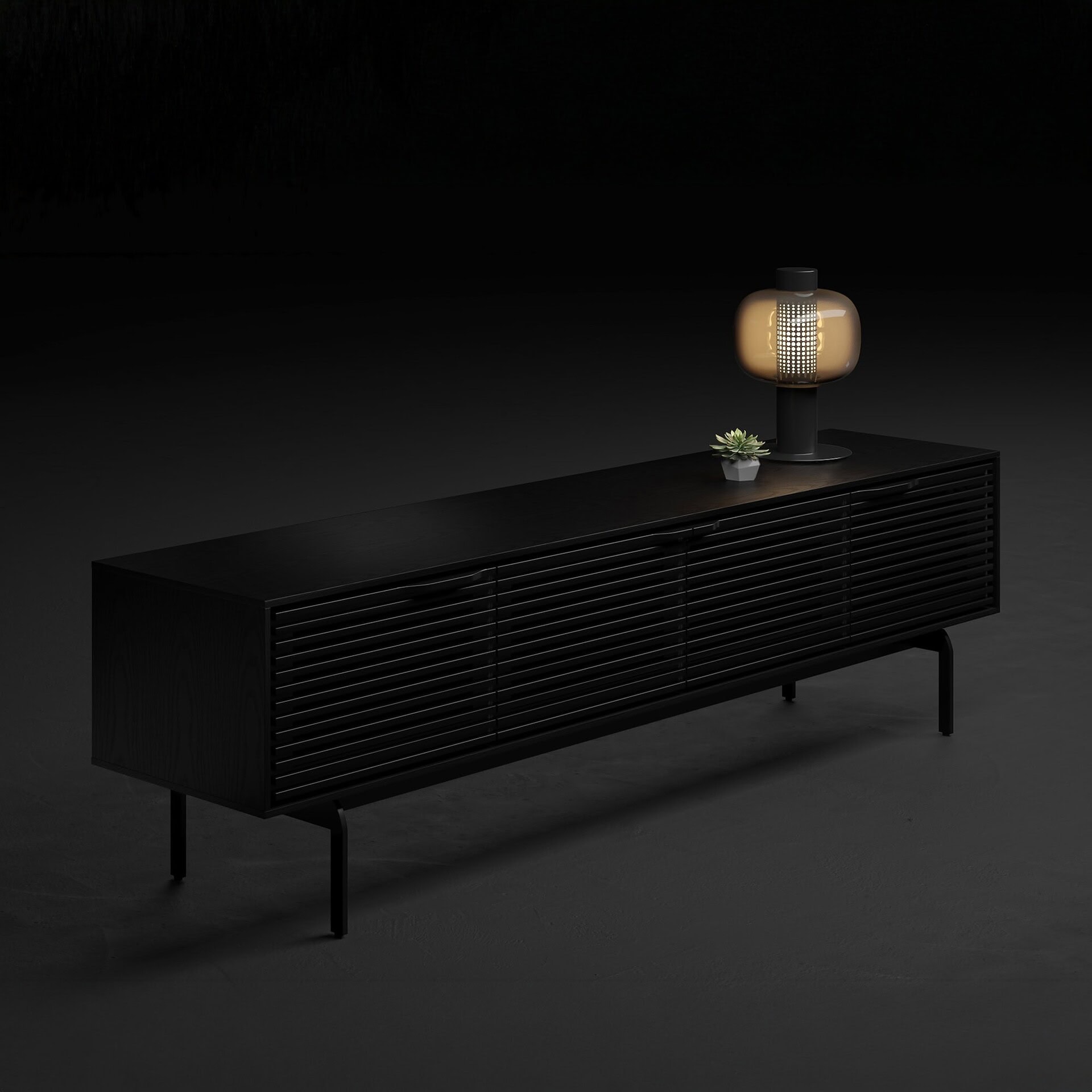 Sleek black modern TV console with slatted doors, minimalist design, and contemporary style.