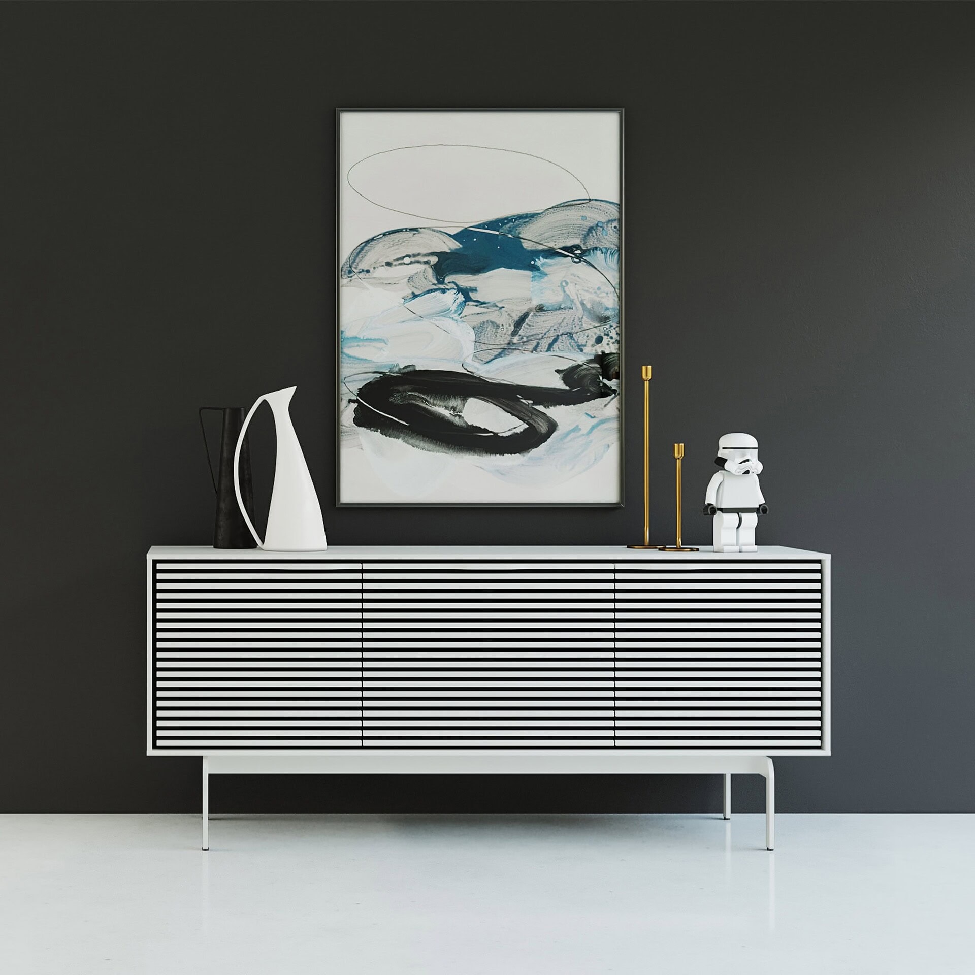 White Align 7477 media console with louvered doors styled with artwork above.