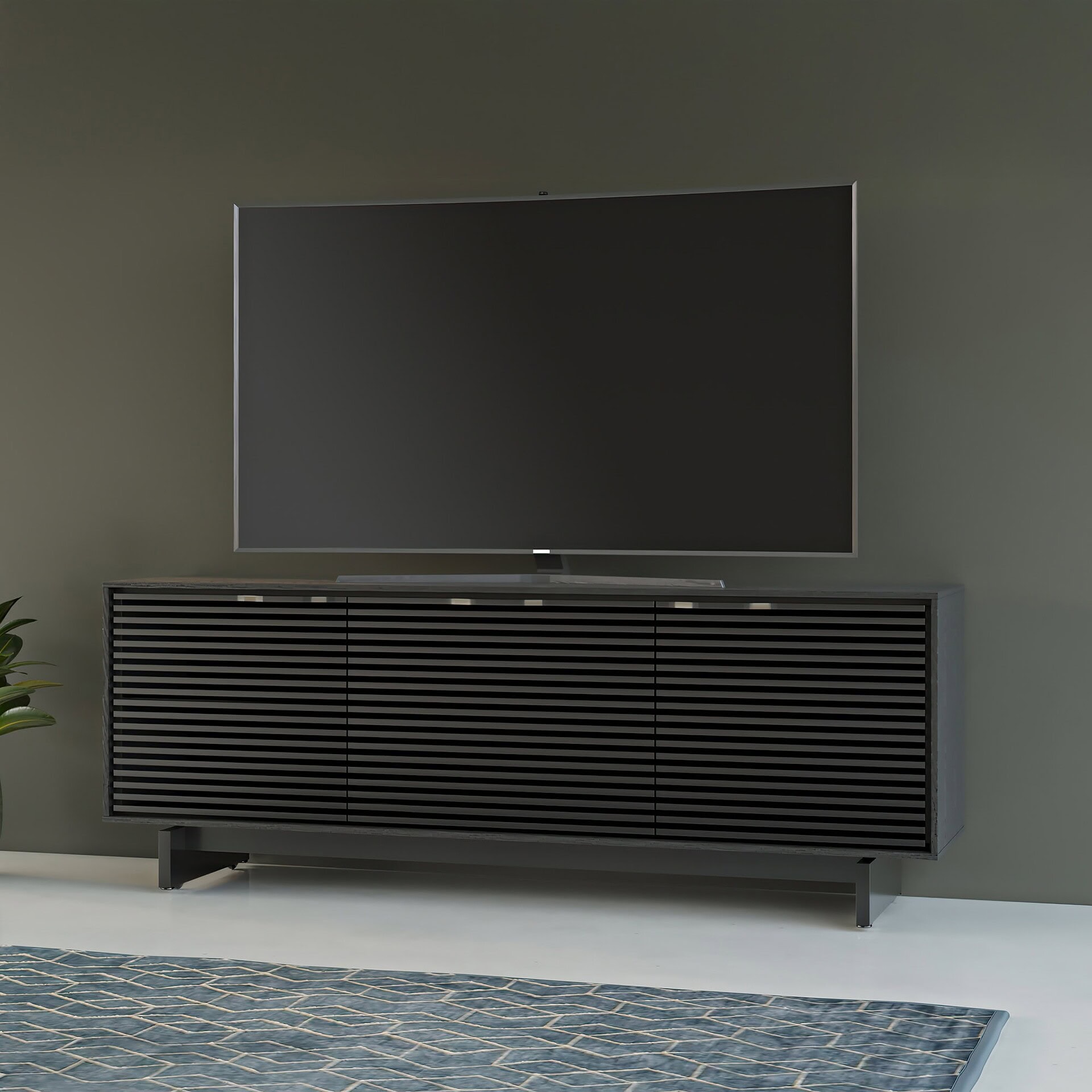 Black Align 7477 console supporting a large flat-screen TV.