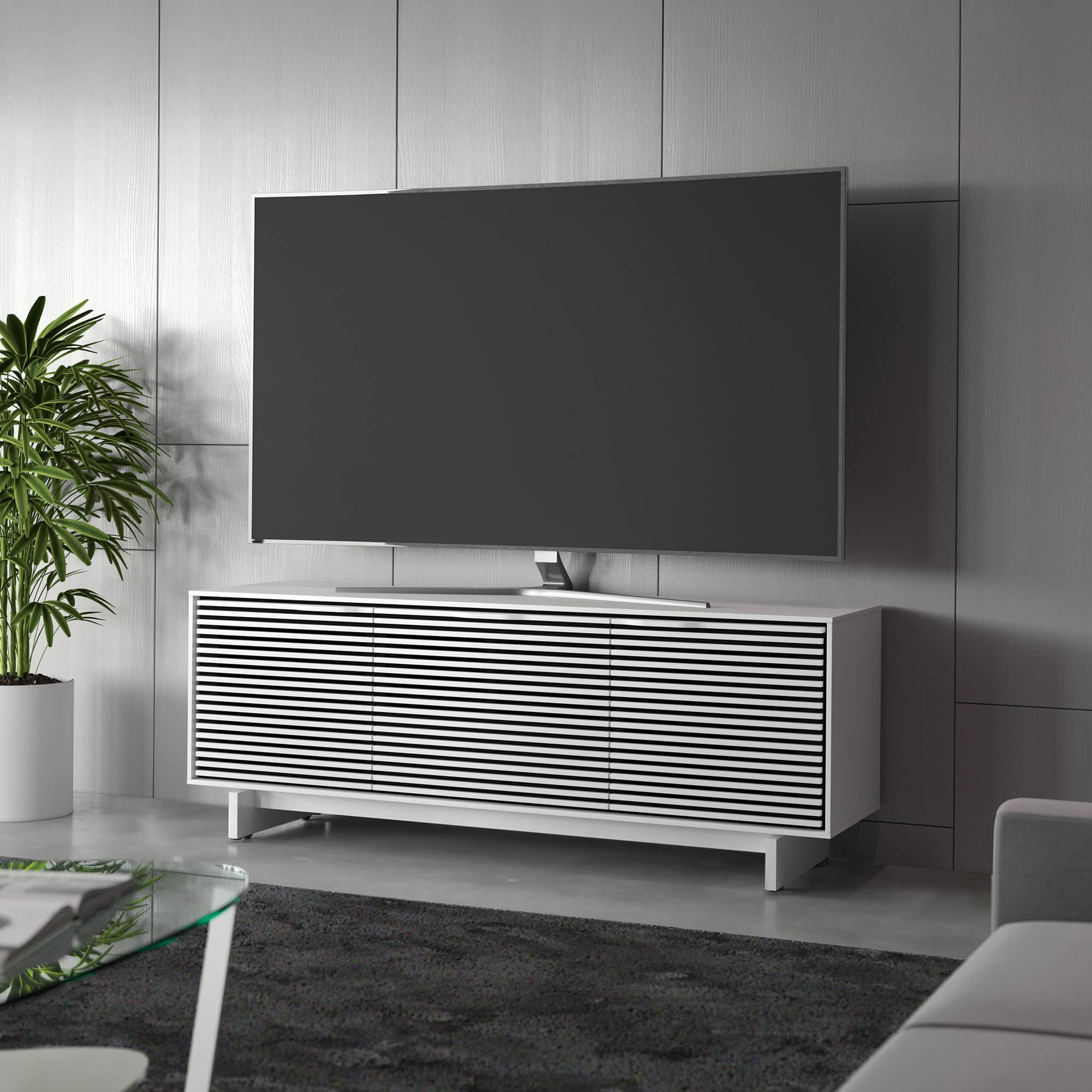 White Align 7477 console used as a TV stand in a modern living room.