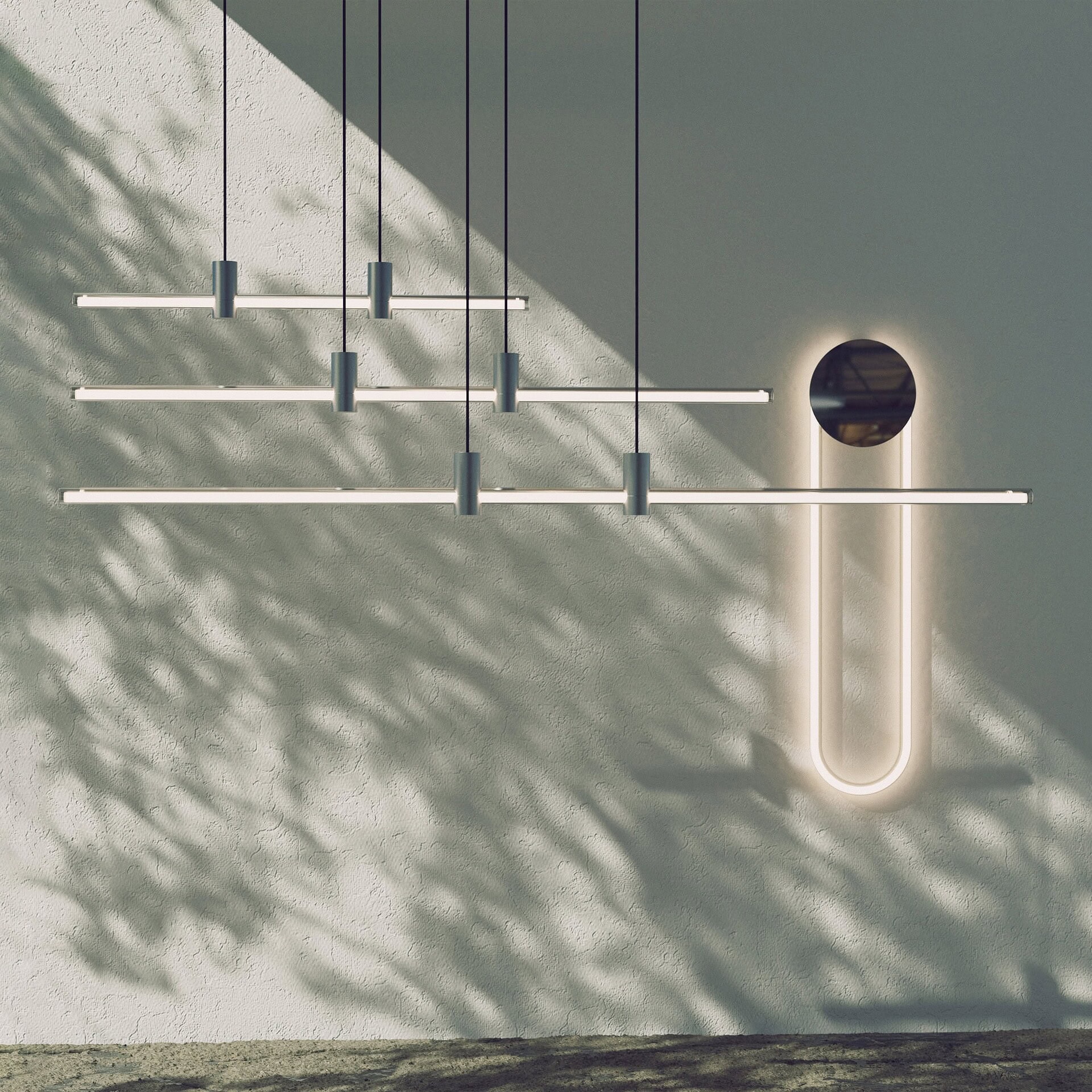 Modern minimalist lighting fixture with LED lights and circular mirror on textured wall.