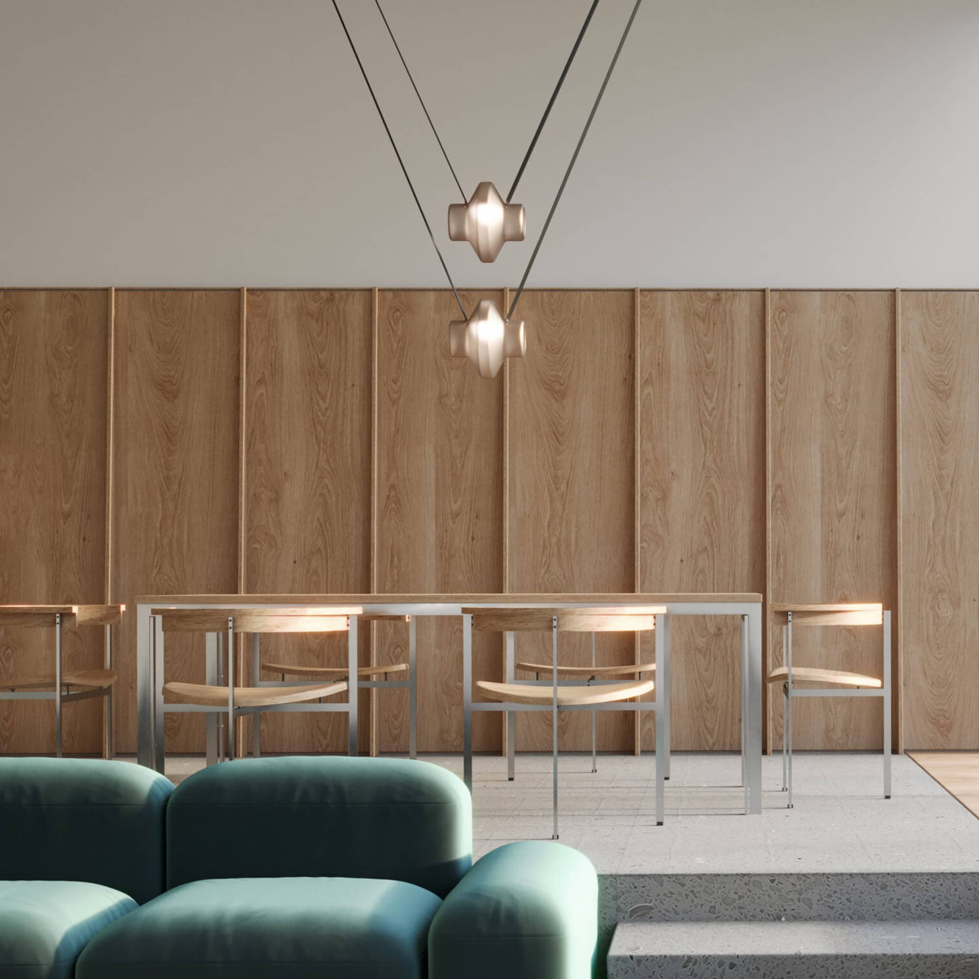 Modern dining room with wooden panel wall, sleek chairs, and contemporary lighting, showcasing high-end furnishings.