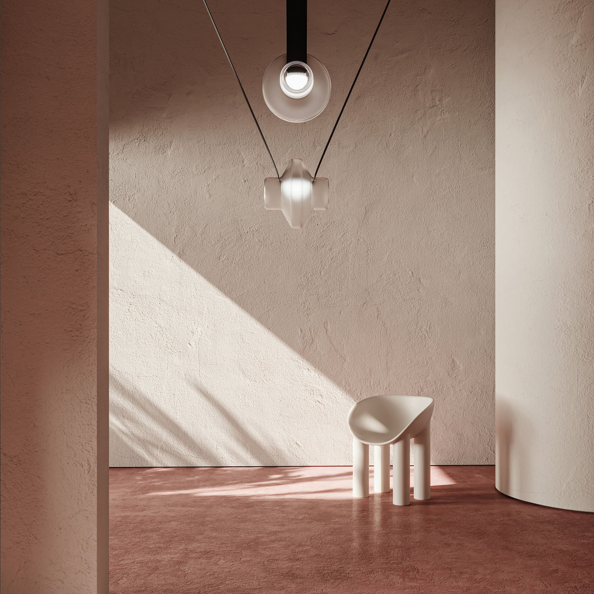Modern minimalist interior with contemporary pendant lights and unique white chair.