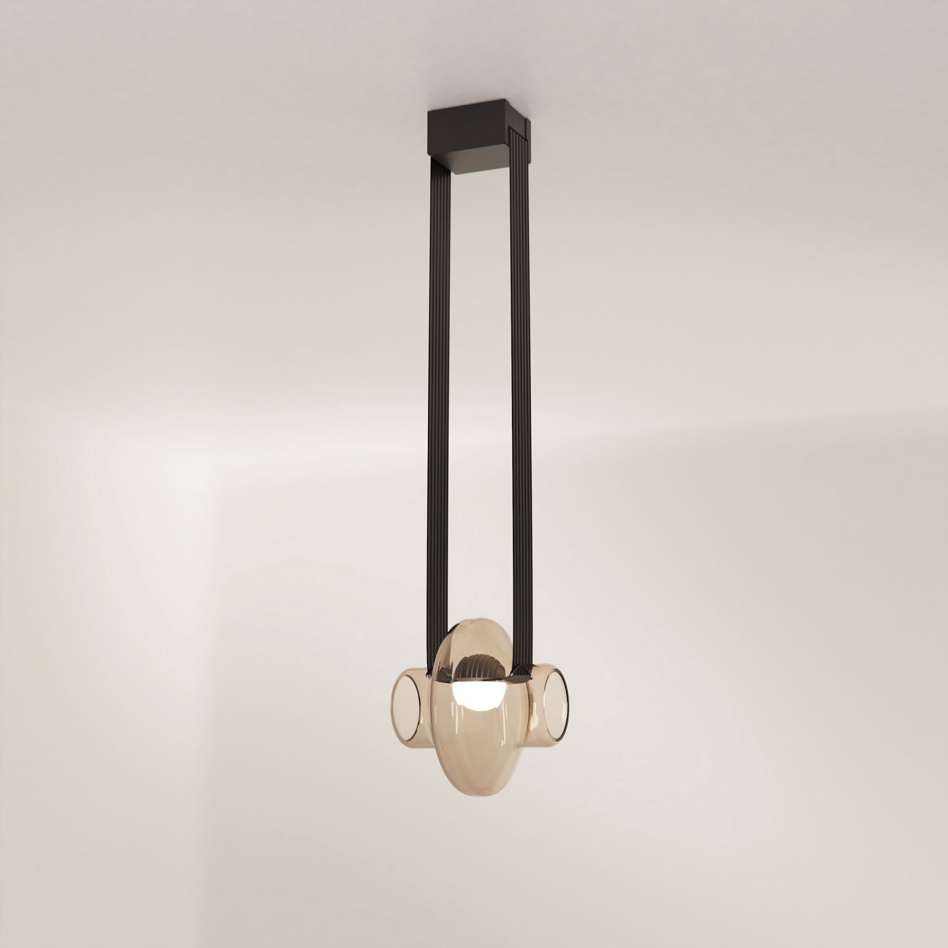 Striking modern pendant light fixture with glass accents and black detailing for contemporary decor.