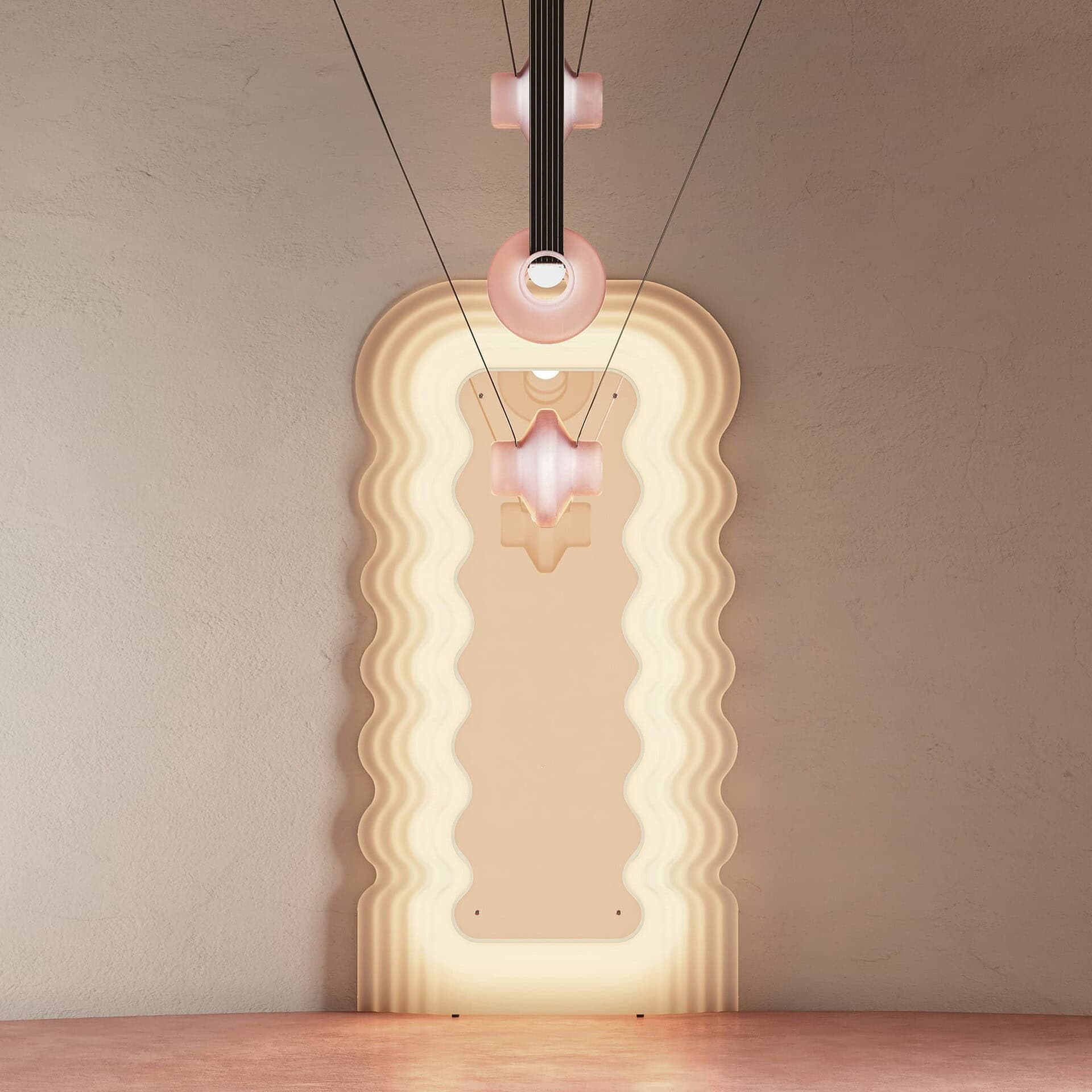 Elegant modern pendant lighting with sculptural design and soft pink accents, ideal for contemporary interiors.