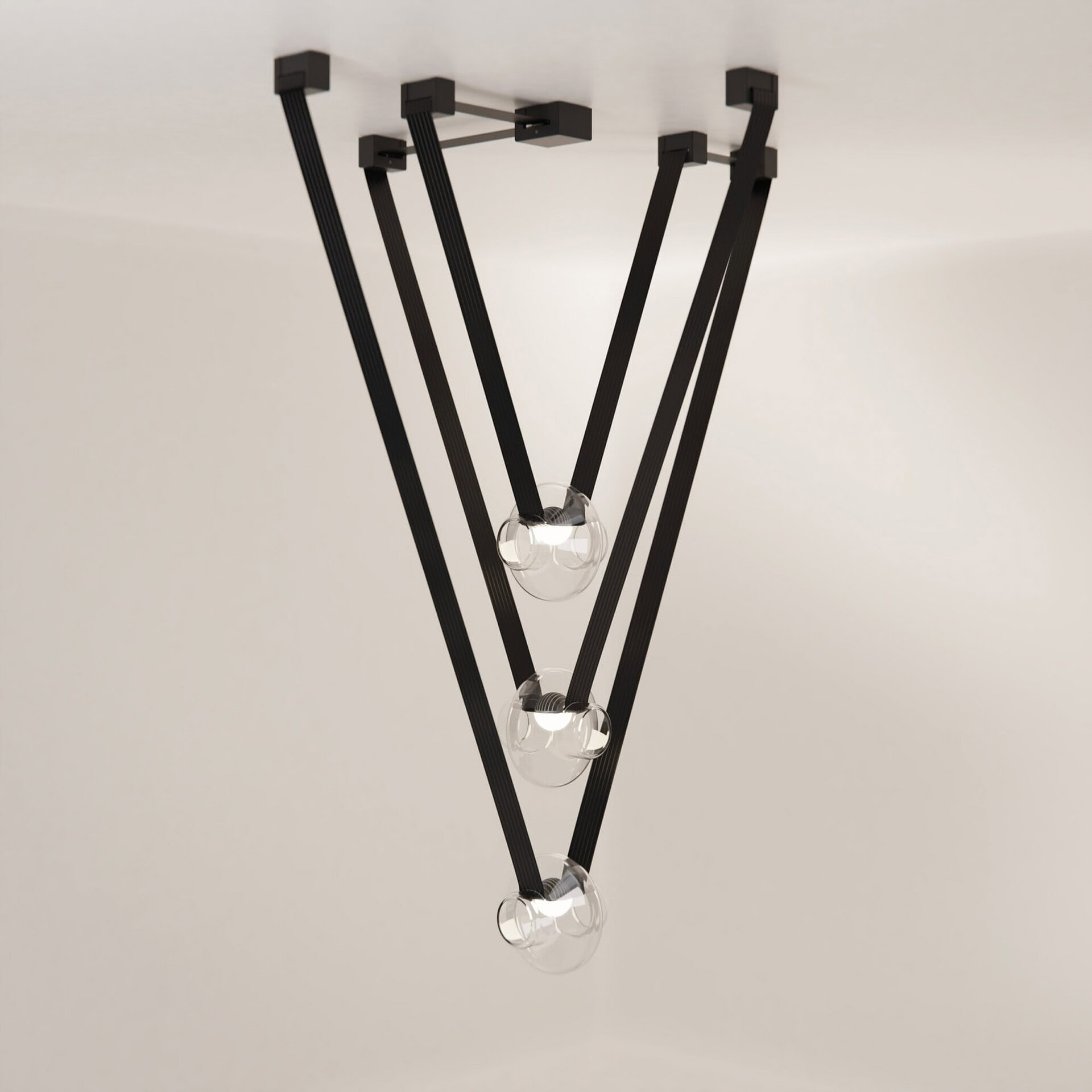 Modern black geometric chandelier with glass globes for contemporary home lighting.
