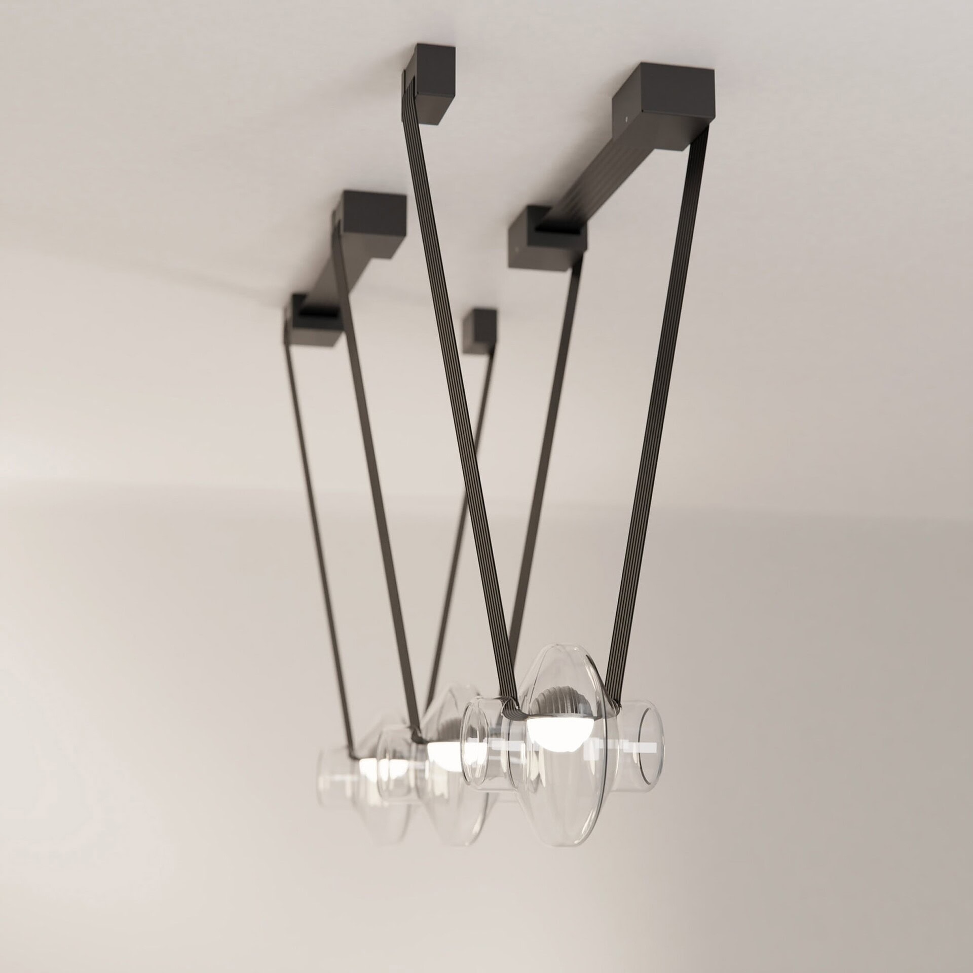 Modern black and glass pendant chandelier by Sklar Furnishings, stylish lighting fixture for contemporary interiors.