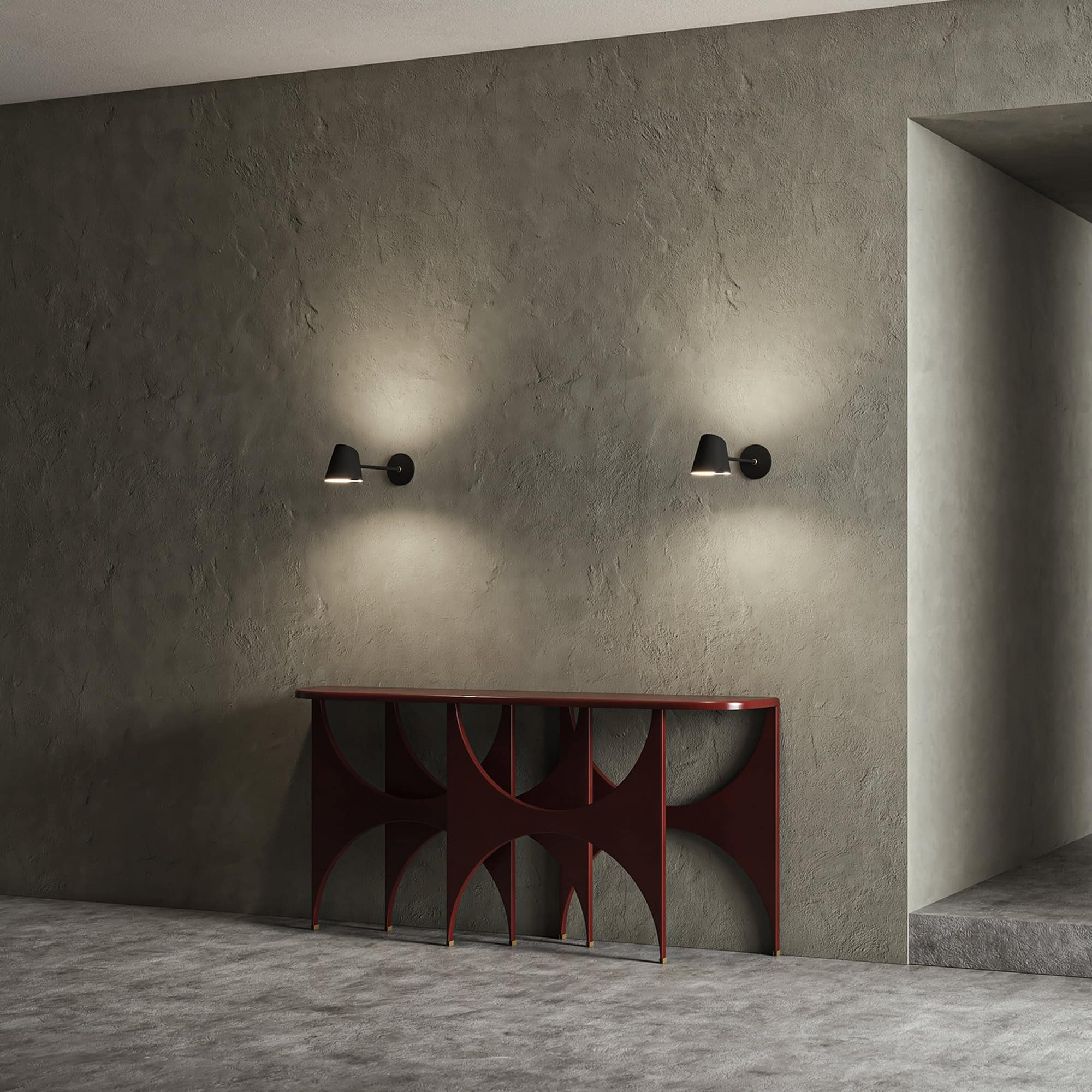 Sleek modern console table with geometric design in a stylish interior space.