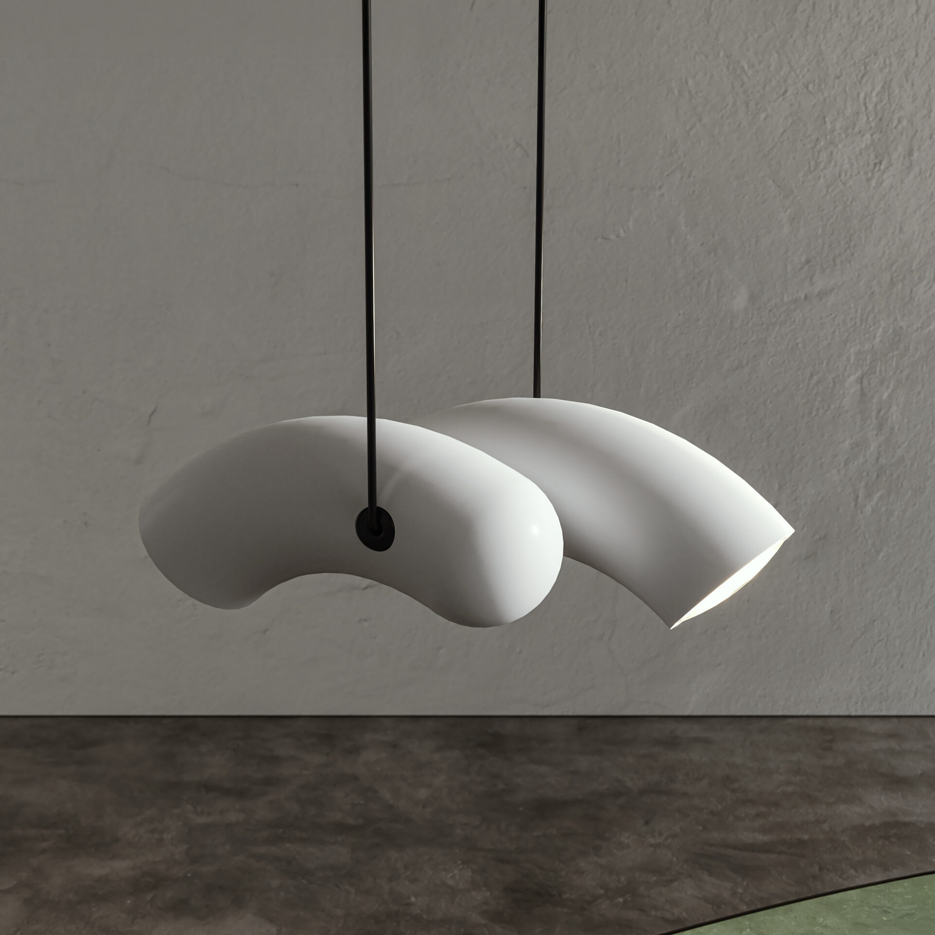 Sleek modern white pendant light fixture with an abstract, sculptural design for contemporary interiors.