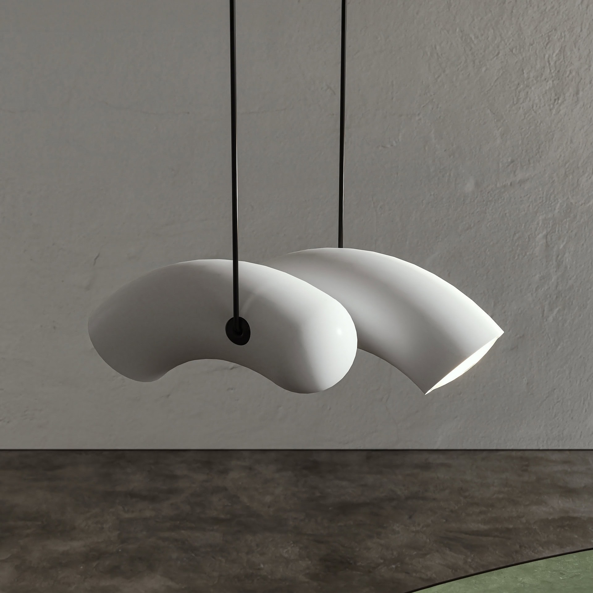 Sleek modern white pendant light fixture with an abstract, sculptural design for contemporary interiors.