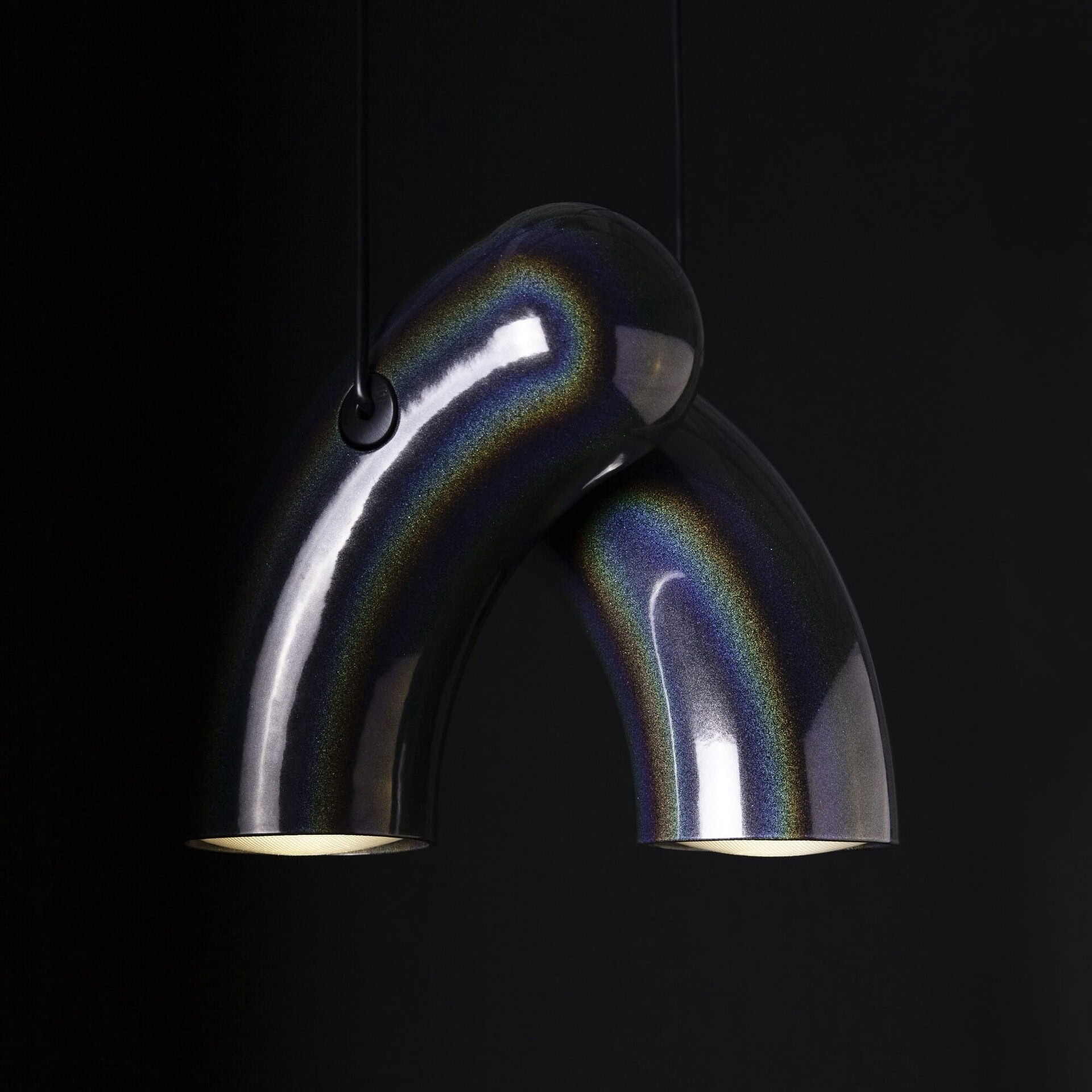 Elegant black pendant light with iridescent finish, modern designer lighting fixture.