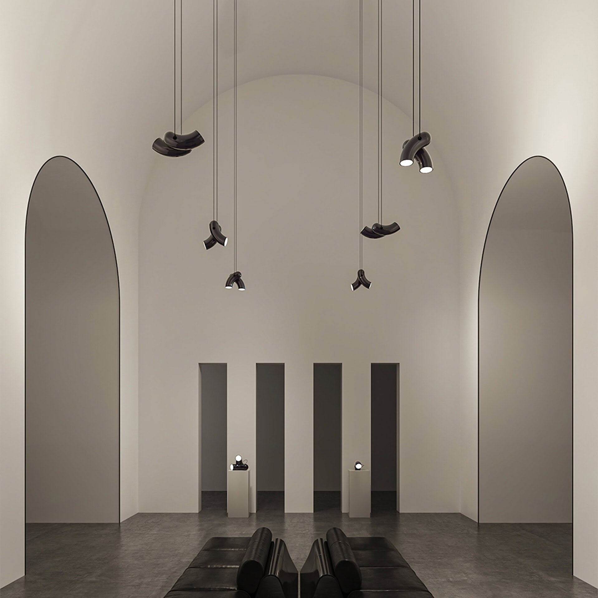 Sleek modern lighting and minimalist design in Sklar Furnishings showroom.