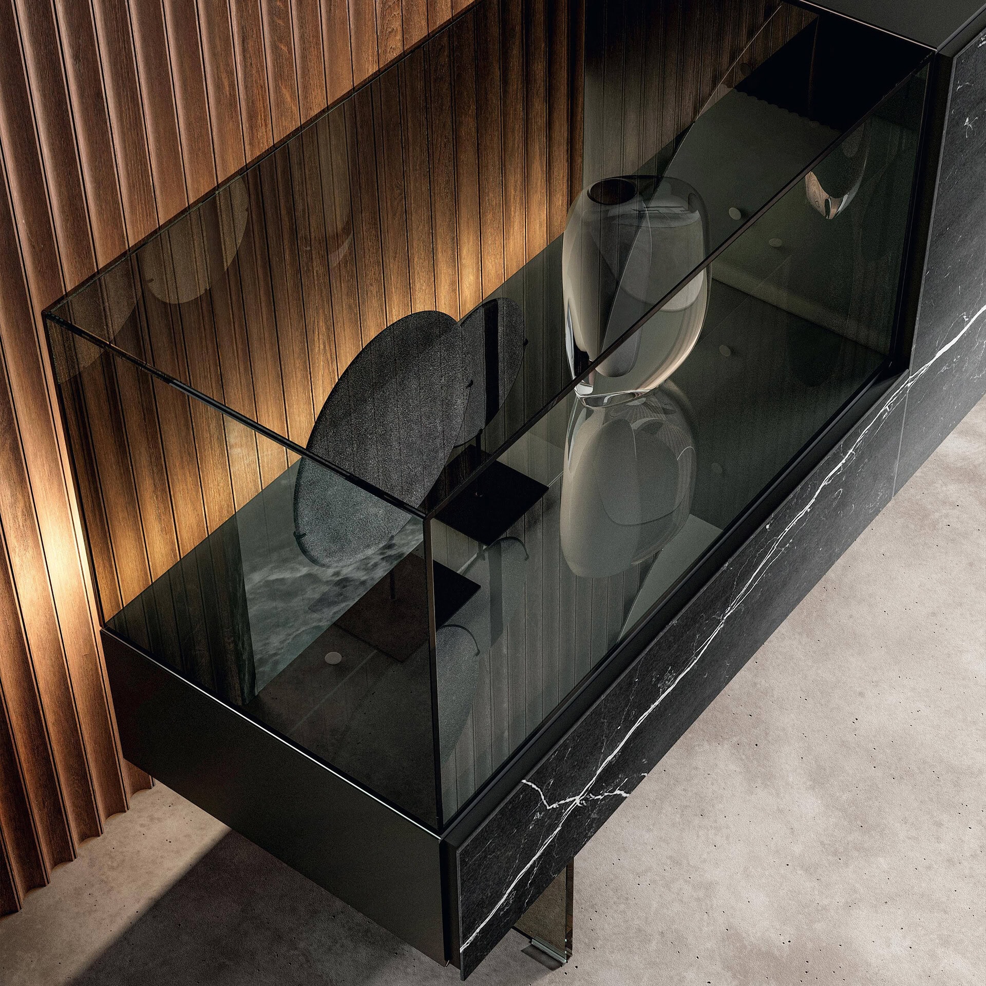 Elegant glass sideboard with black marble base, perfect for contemporary living spaces.
