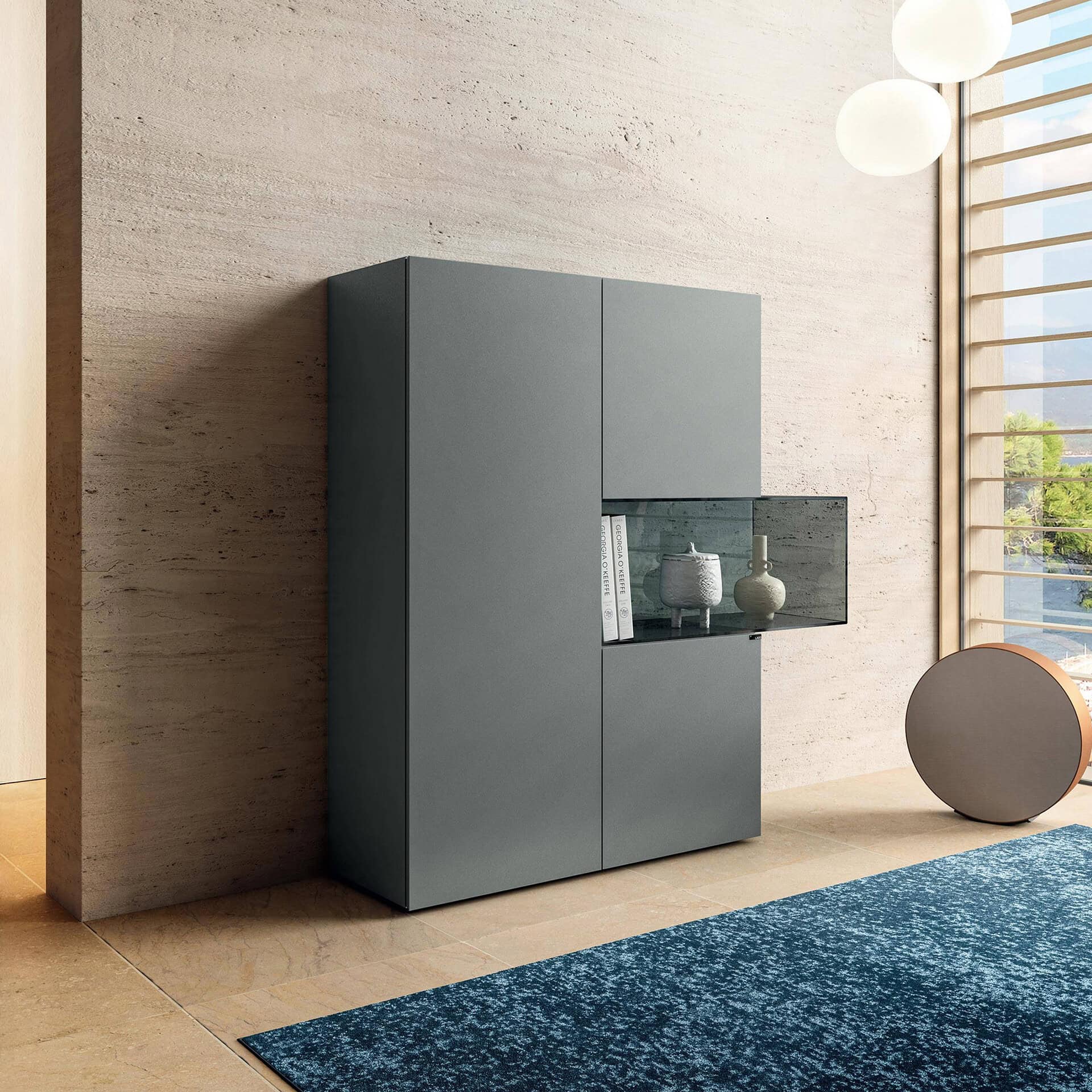 Sleek gray glass sideboard with storage compartments, perfect for contemporary living spaces.