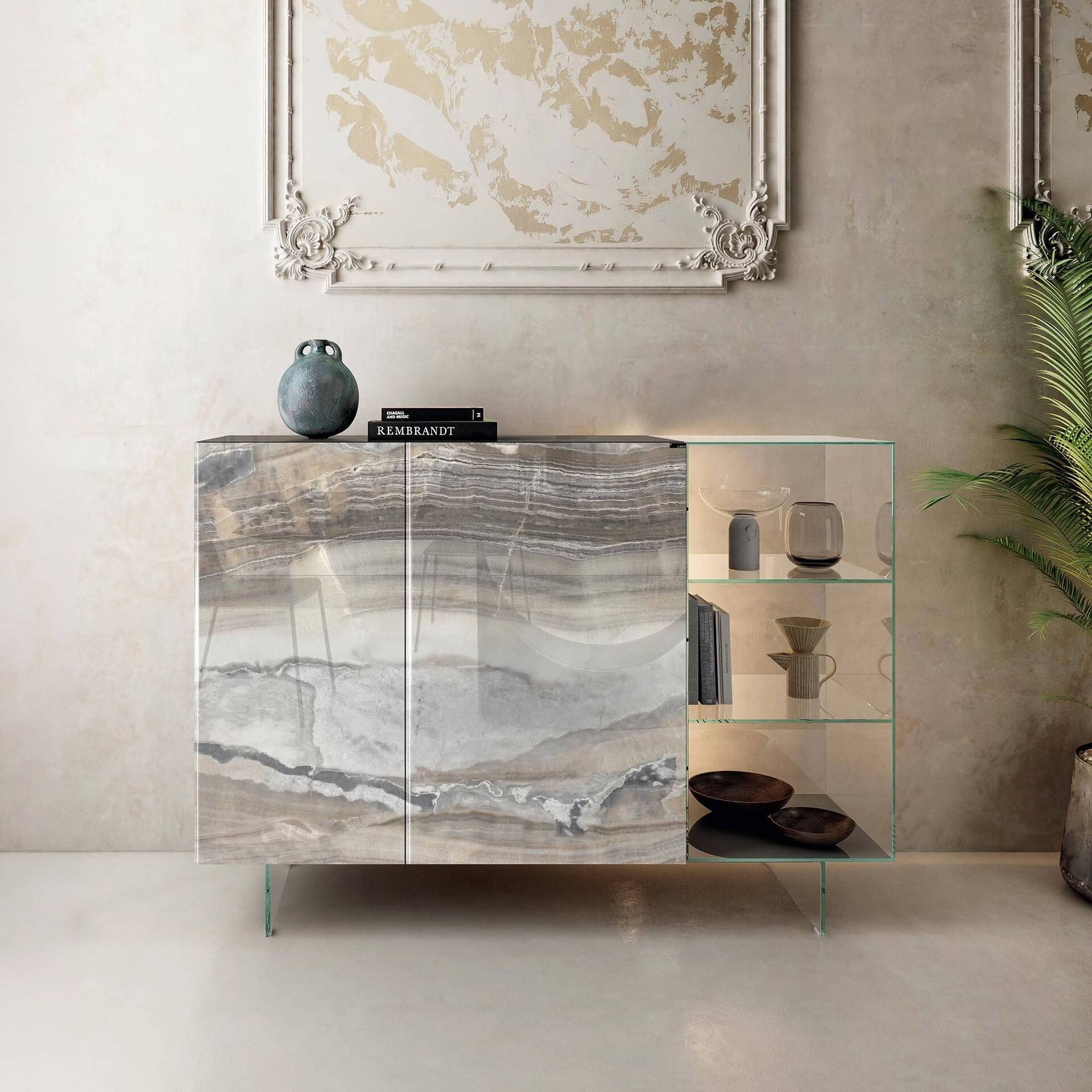 Elegant glass sideboard with marble finish and open shelving for stylish storage.
