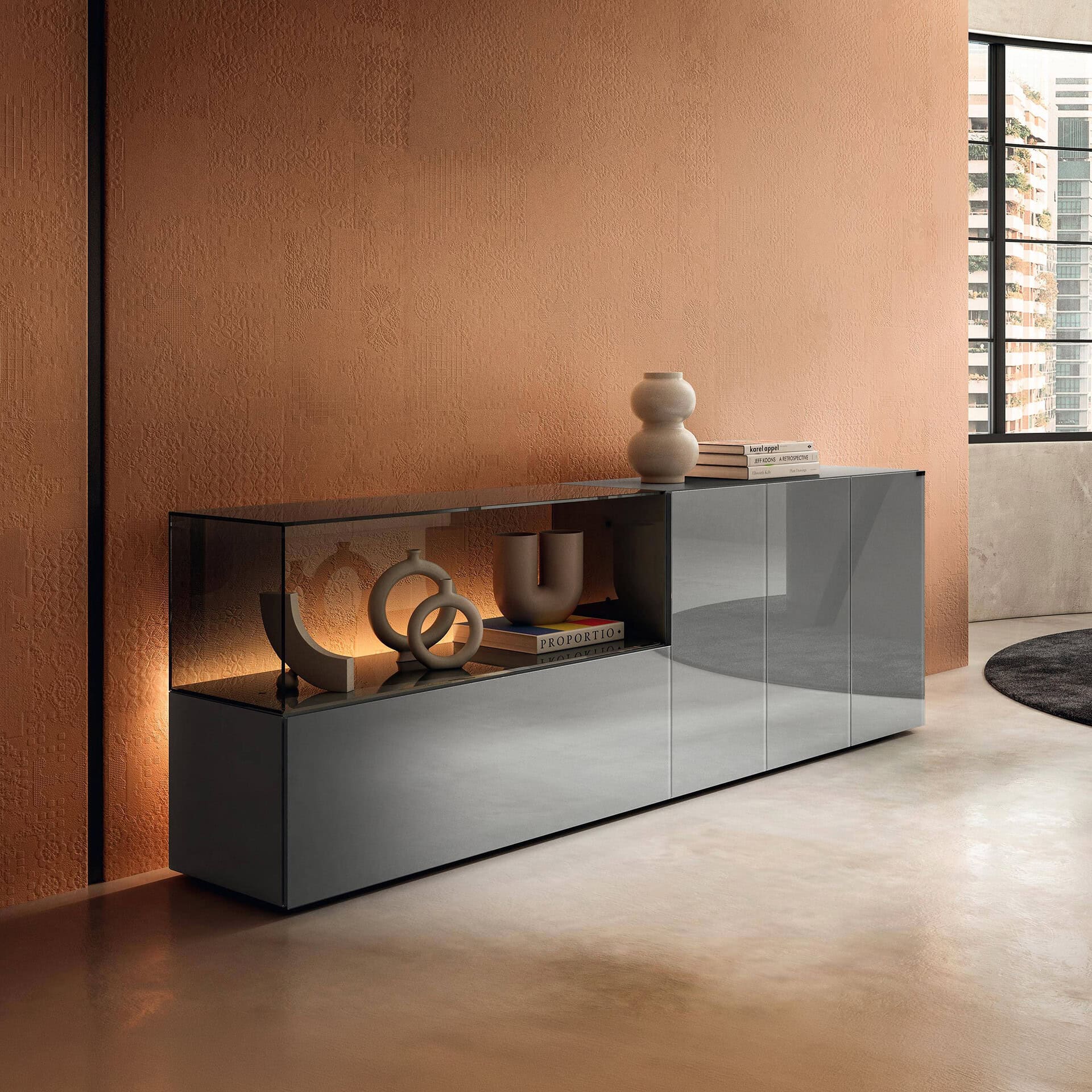 Modern glass sideboard with sleek design and ample storage space.