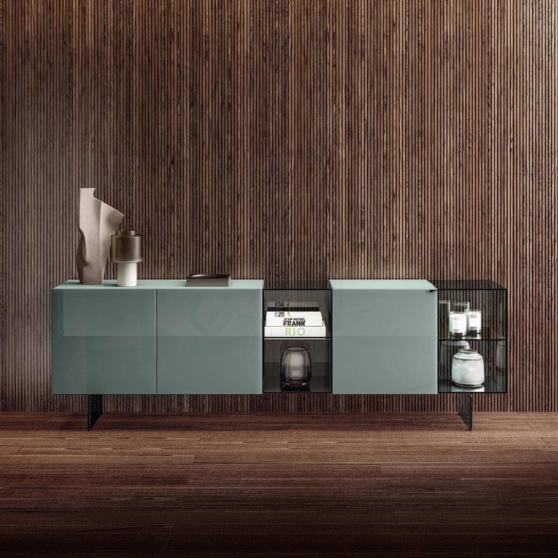 Contemporary glass sideboard with sleek design and storage compartments.