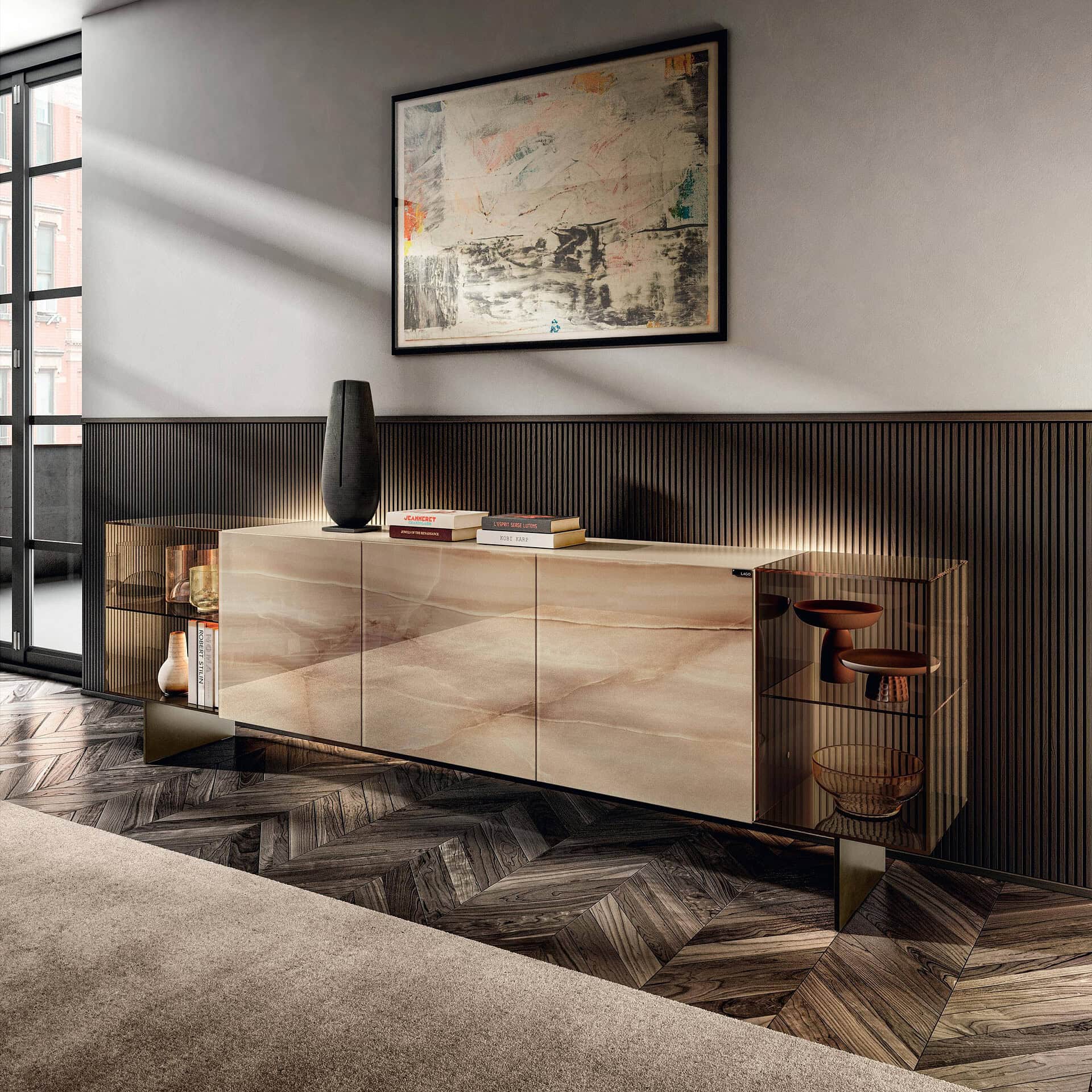 Modern glass sideboard with sleek design and storage space.