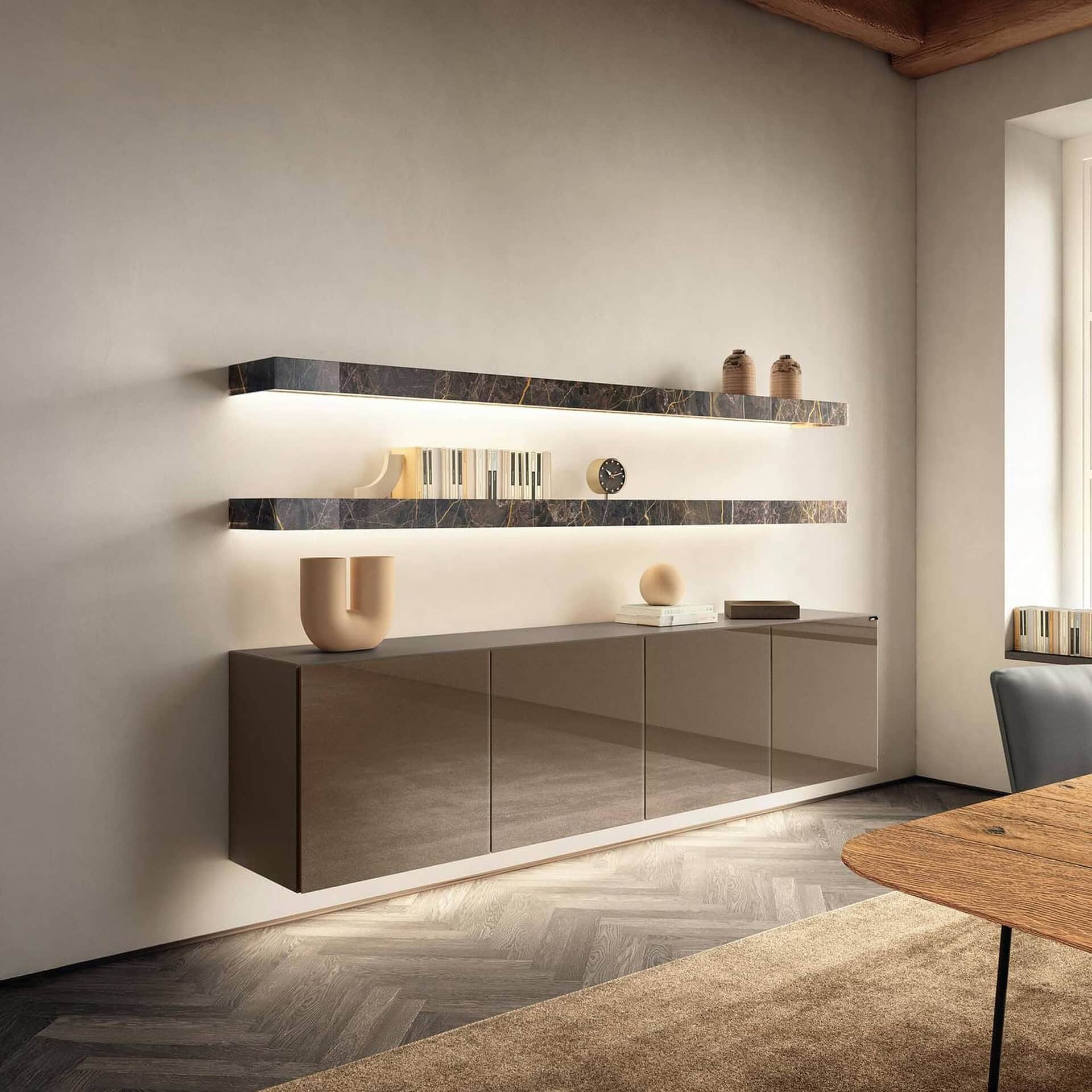 Lago 36e8 Sideboard 05801D in Metal Tundra Glass finish, wall-mounted with floating effect, styled in a modern dining room interior.