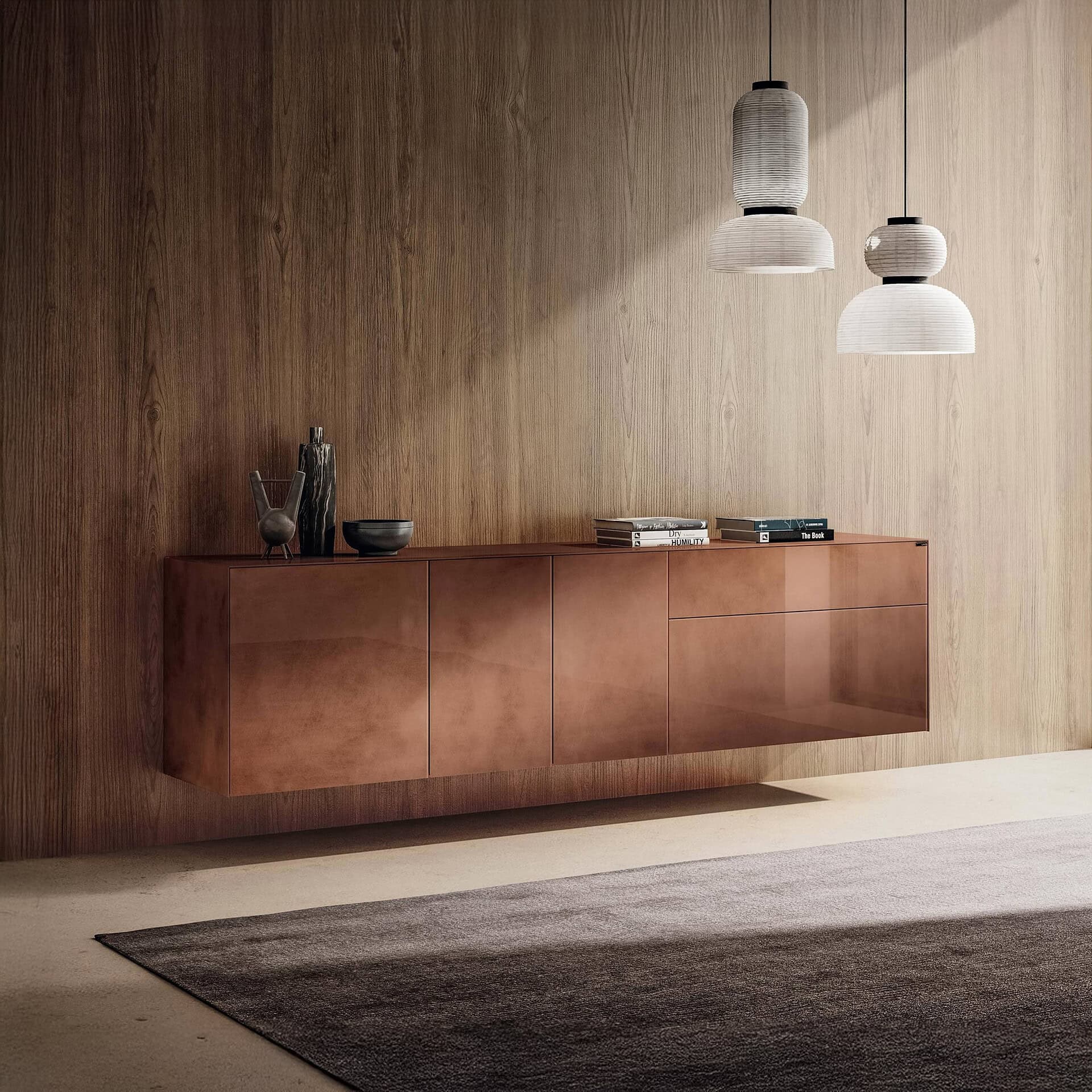Modern wall-mounted sideboard with pendant lights in a contemporary living space.