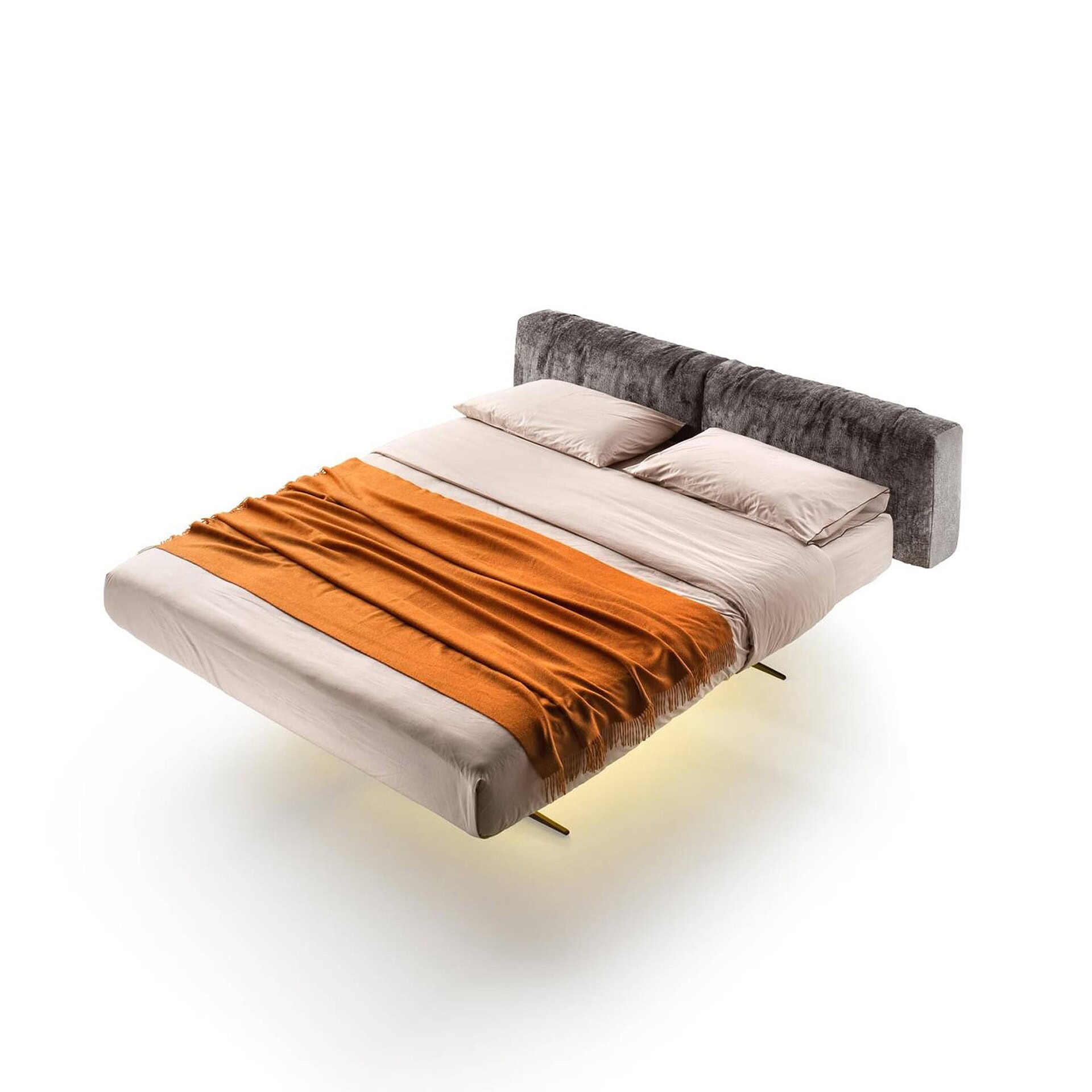 Steel Soft Upholstered Platform Bed – angled perspective showing floating design and upholstered headboard