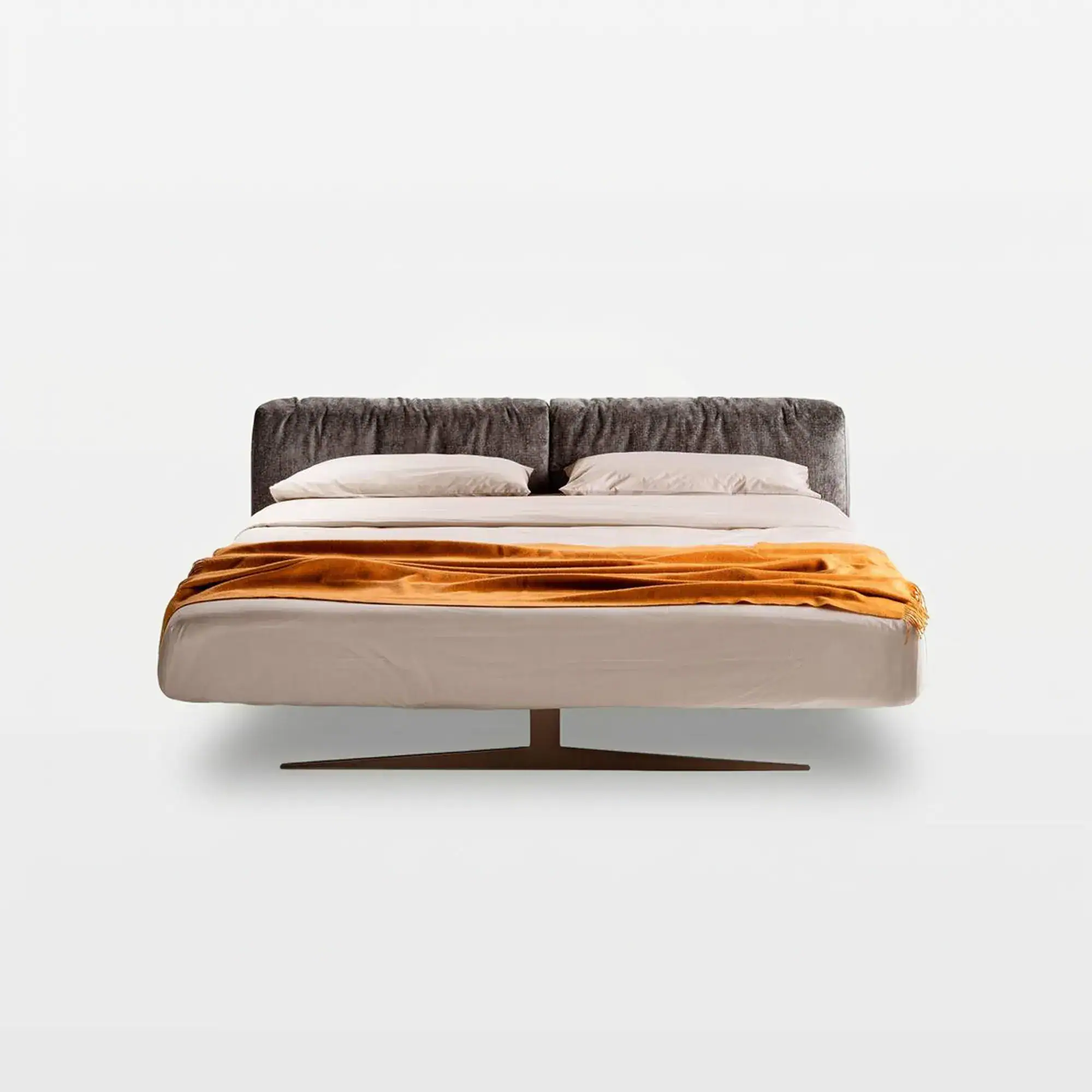 Steel Soft Upholstered Platform Bed – front view with soft fabric headboard and platform base