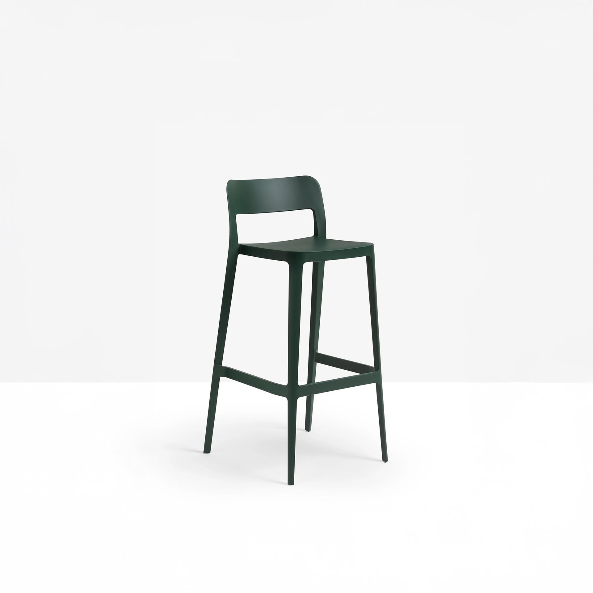 Nené stool in dark green polypropylene with four-leg frame, angled view on white background.