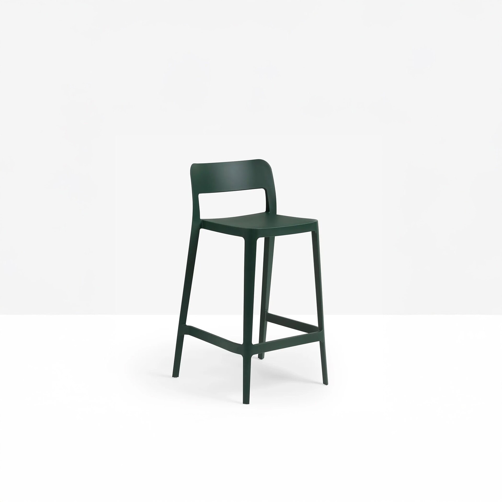 Nené stool in dark green polypropylene with four-leg frame, straight front view on white background.
