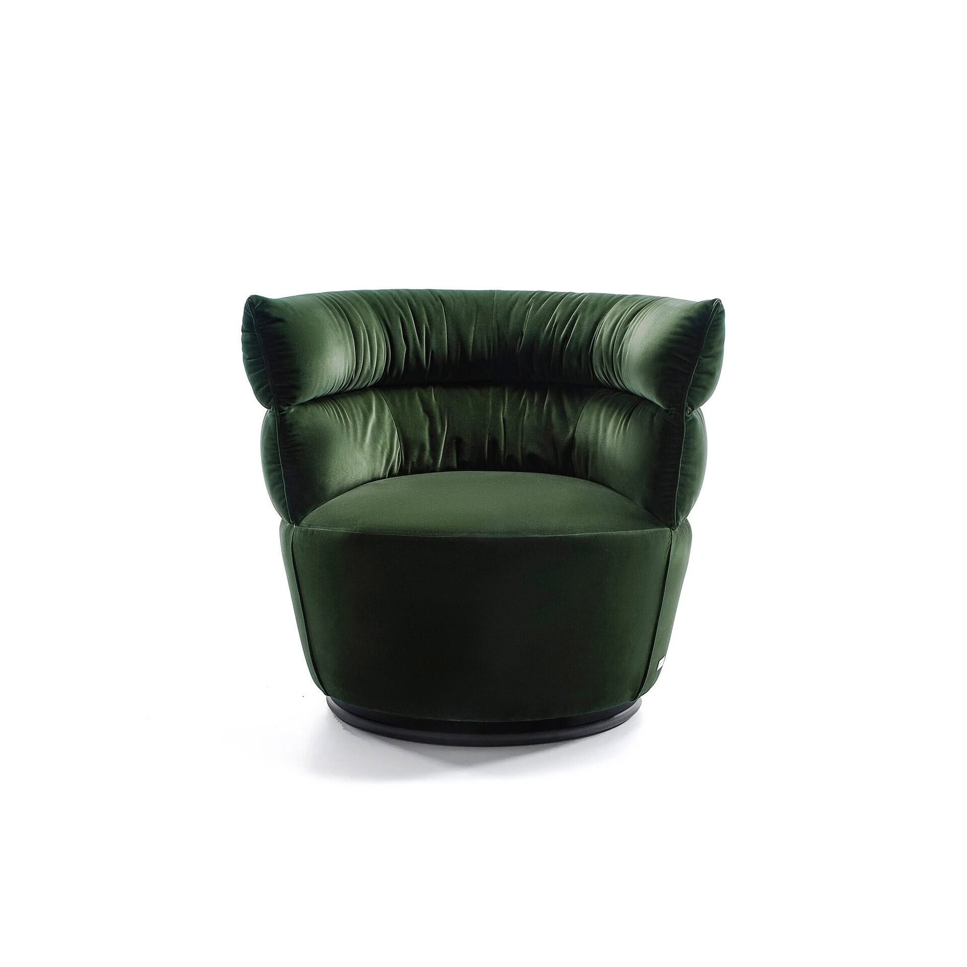 Green velvet swivel armchair with plush cushioning and stylish design.