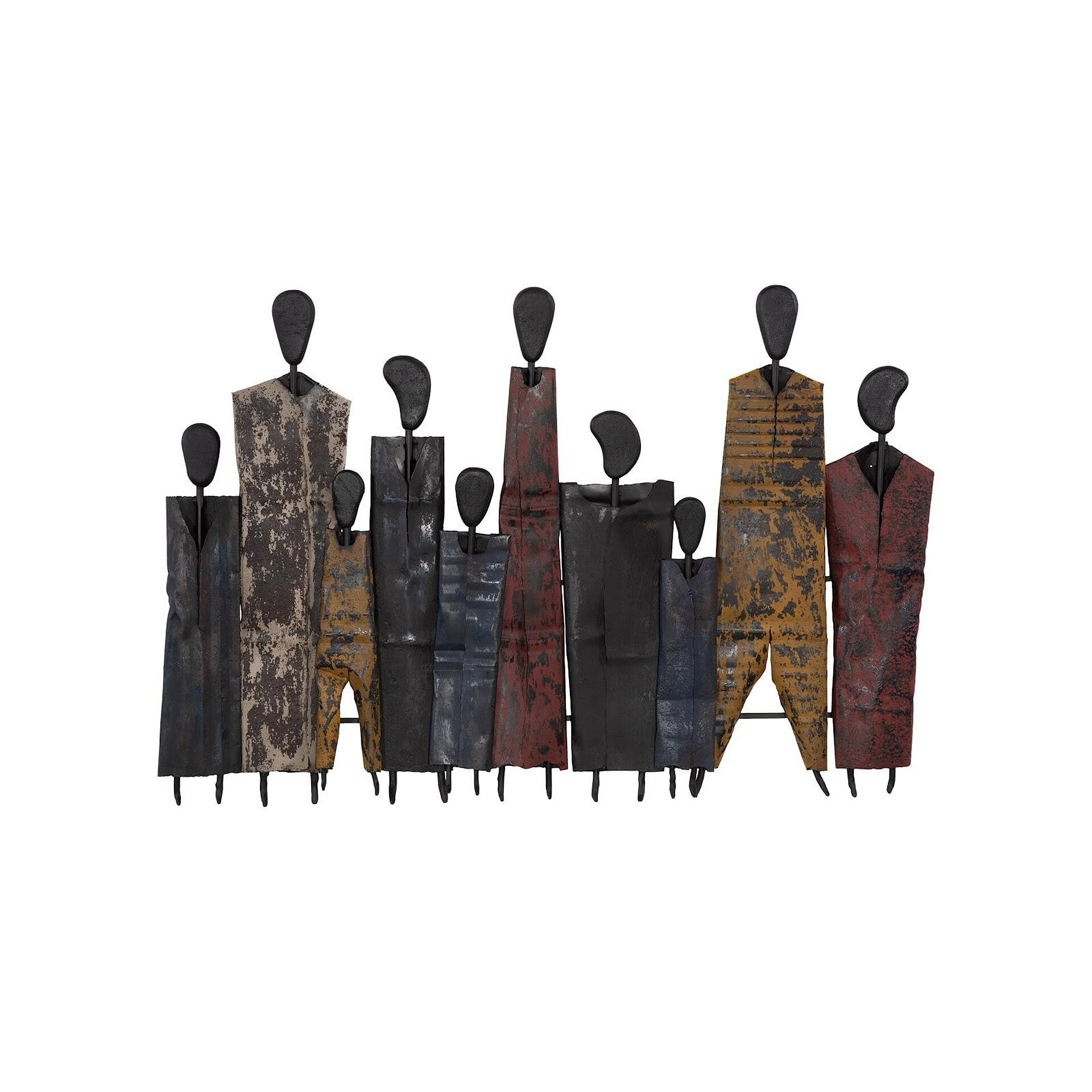 Metal wall art featuring abstract honey drum people figures for modern home decor.