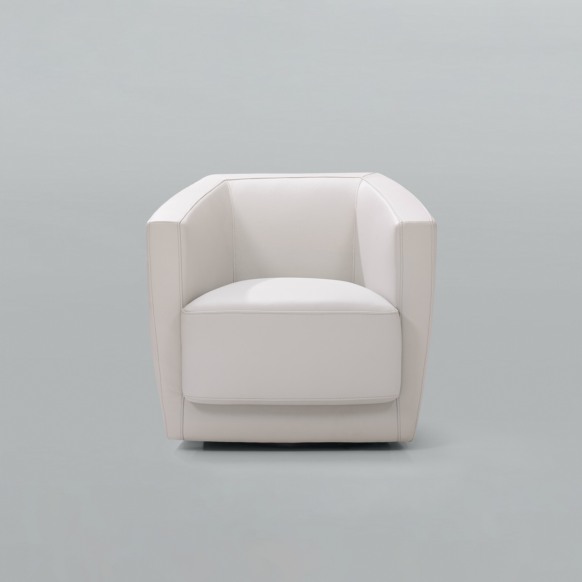 A modern, off-white leather armchair with a sleek design, centered against a light gray background.