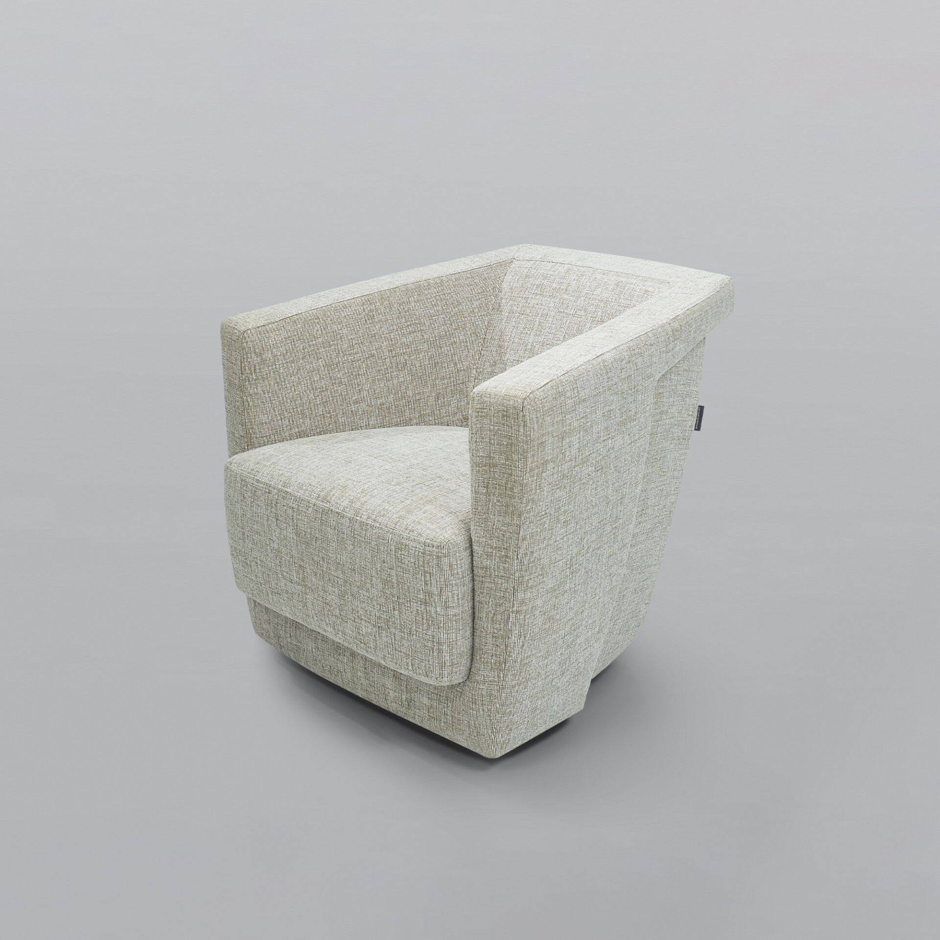A modern, light beige and grey textured armchair with clean lines and wide armrests, set against a plain grey background.
