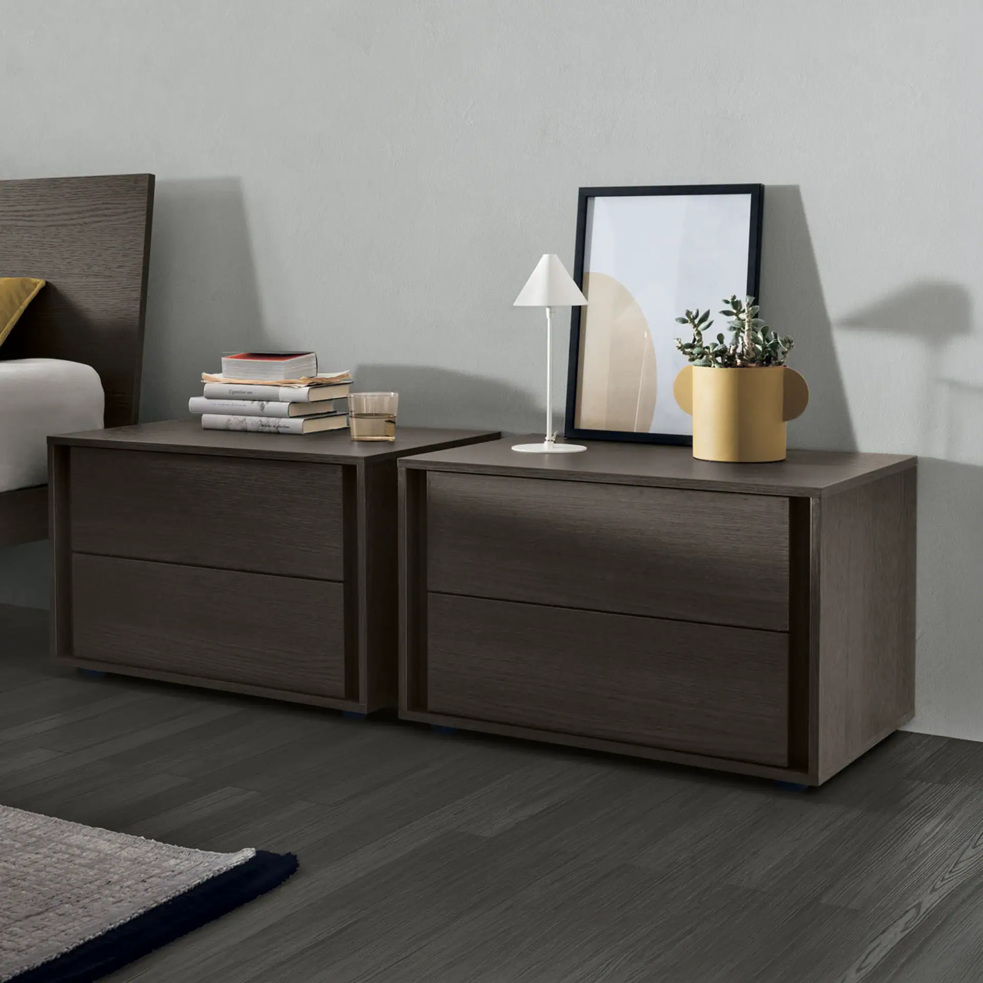 Modern wooden nightstands with sleek design and decor accents. Perfect for contemporary bedroom setu.