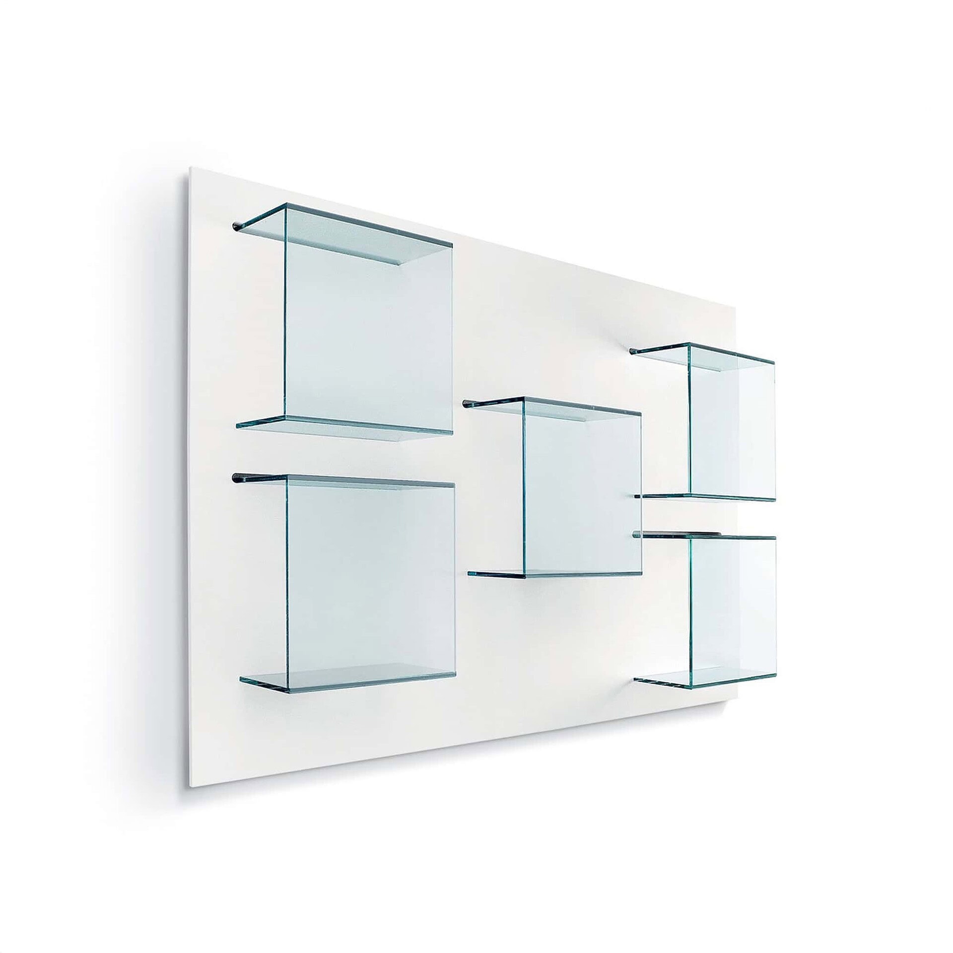 Tonelli Dazibao Bookcase in extra clear glass with matt white panel, horizontal version shown against a white wall.