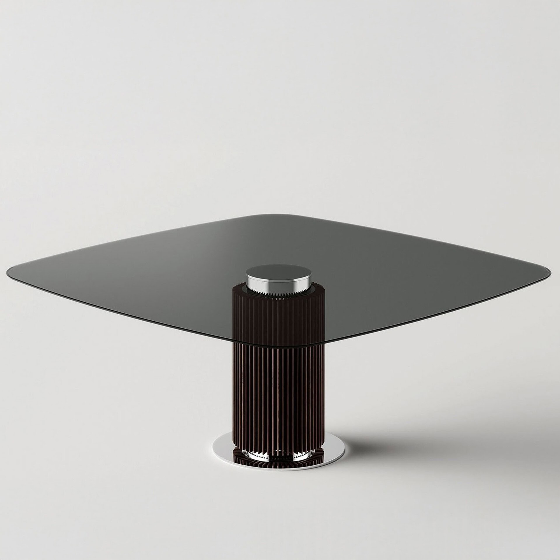 a black square table with a silver base