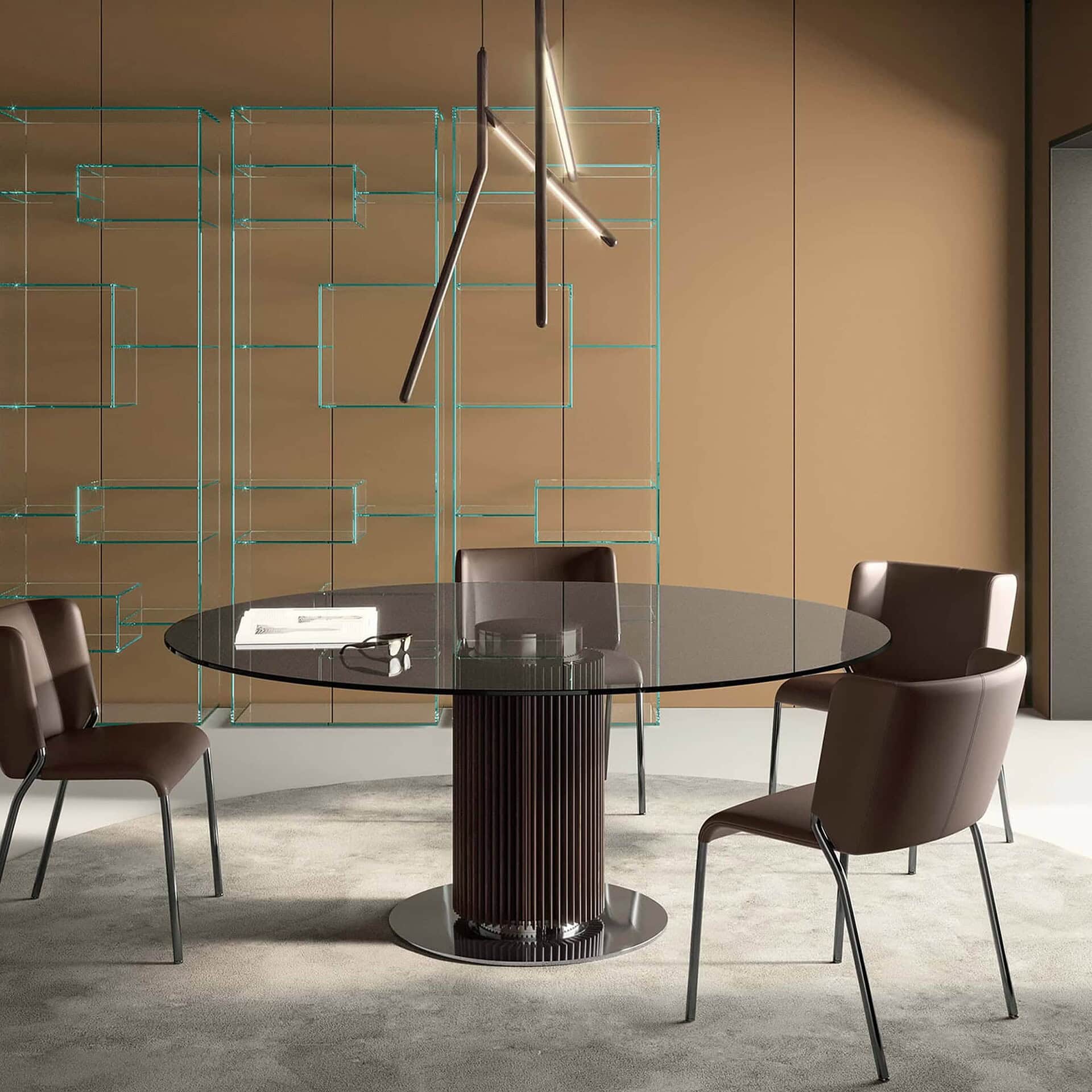 a round glass table with brown chairs in a room