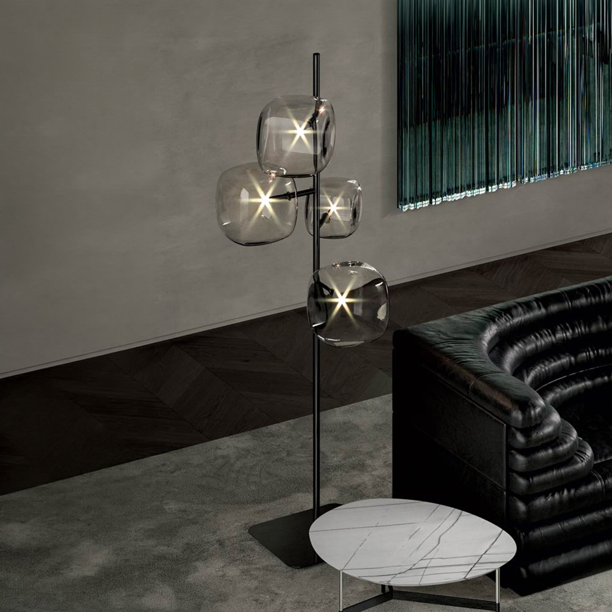 Elegant glass floor lamp with multiple glass orbs, perfect for contemporary living spaces.