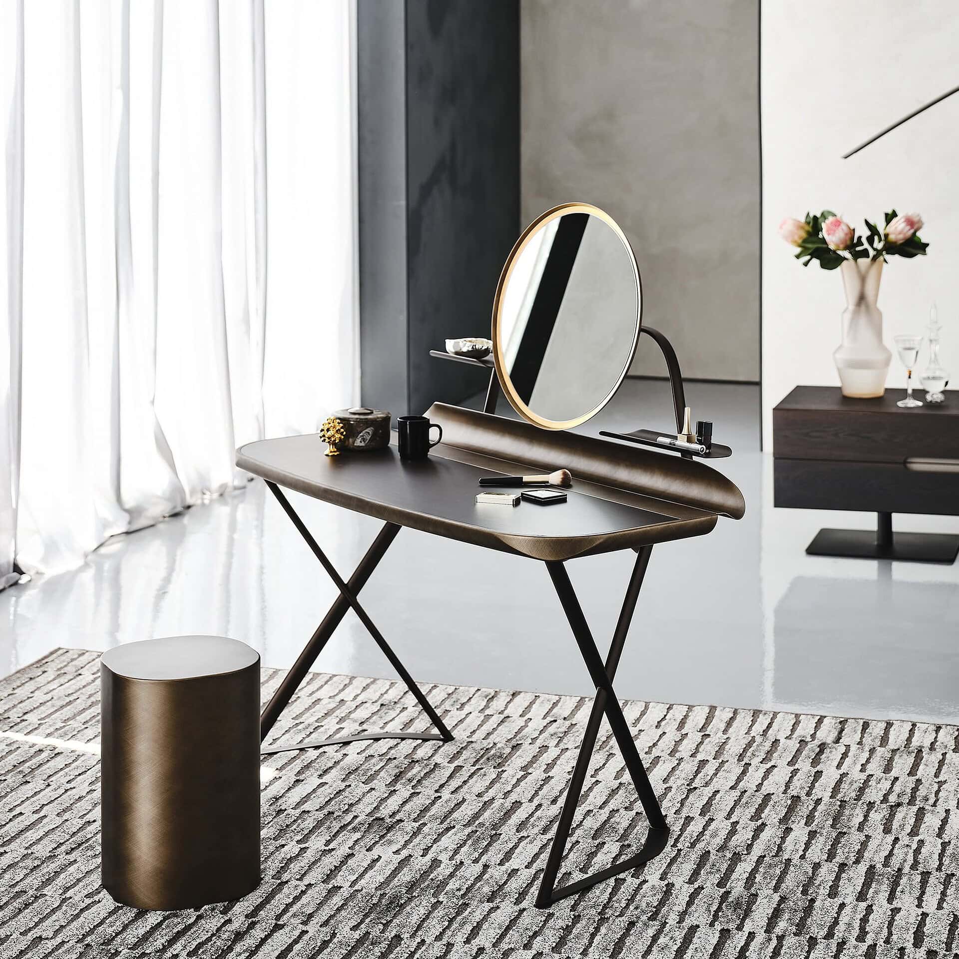 Cocoon Trousse vanity in a bedroom with neutral palette, featuring a marble-look ceramic top.