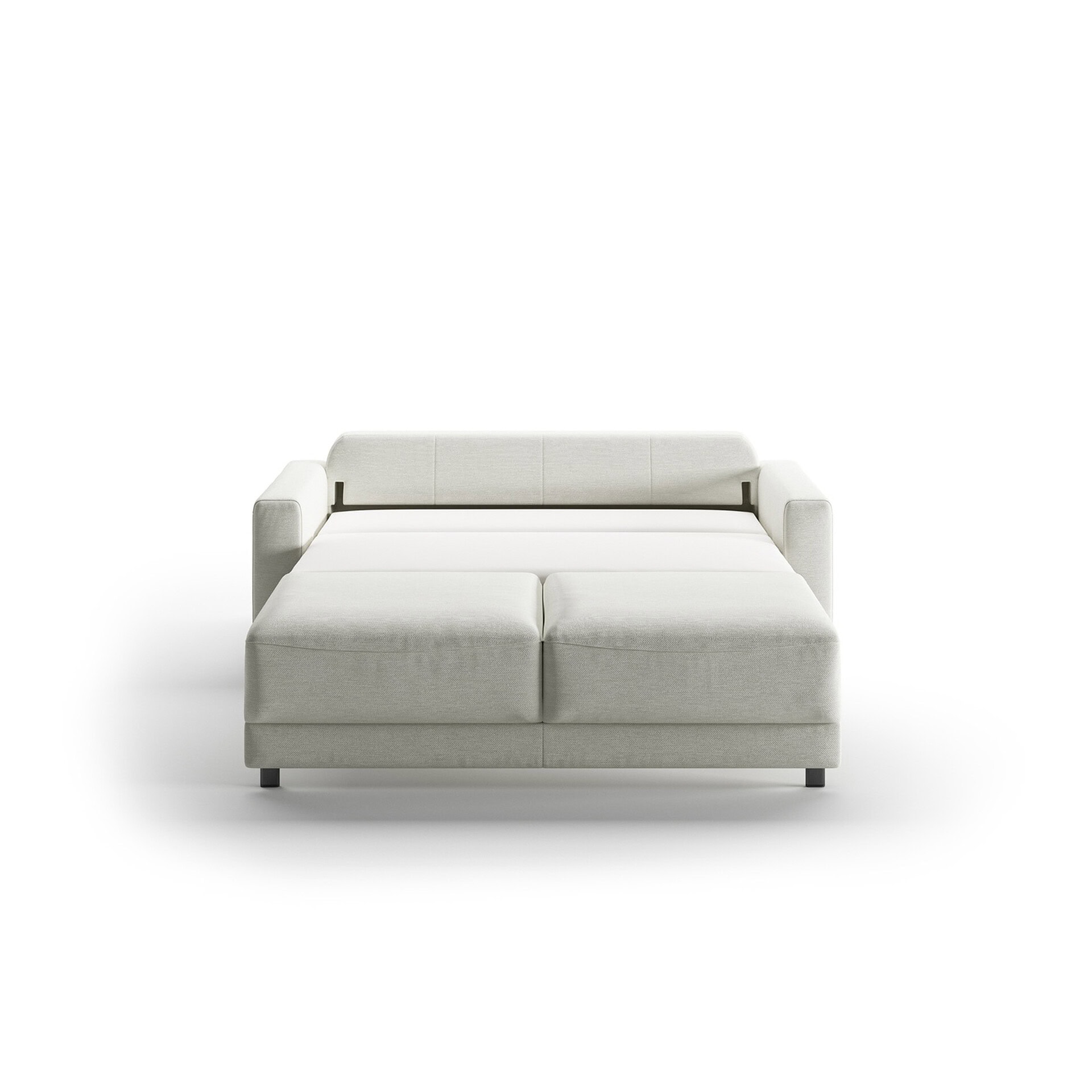 Modern white queen size sleeper loveseat with armrests and fold-out bed.