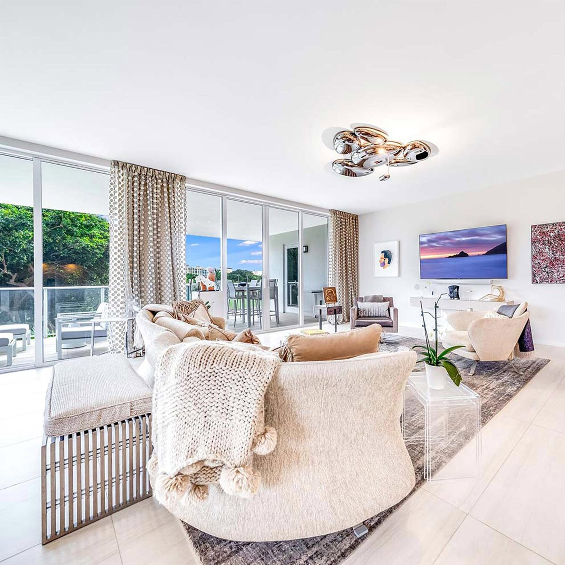 Modern living room with large windows