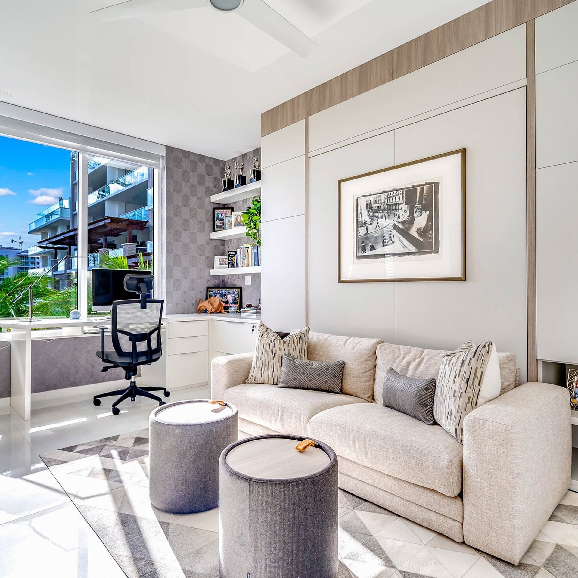 Modern office with cozy seating area