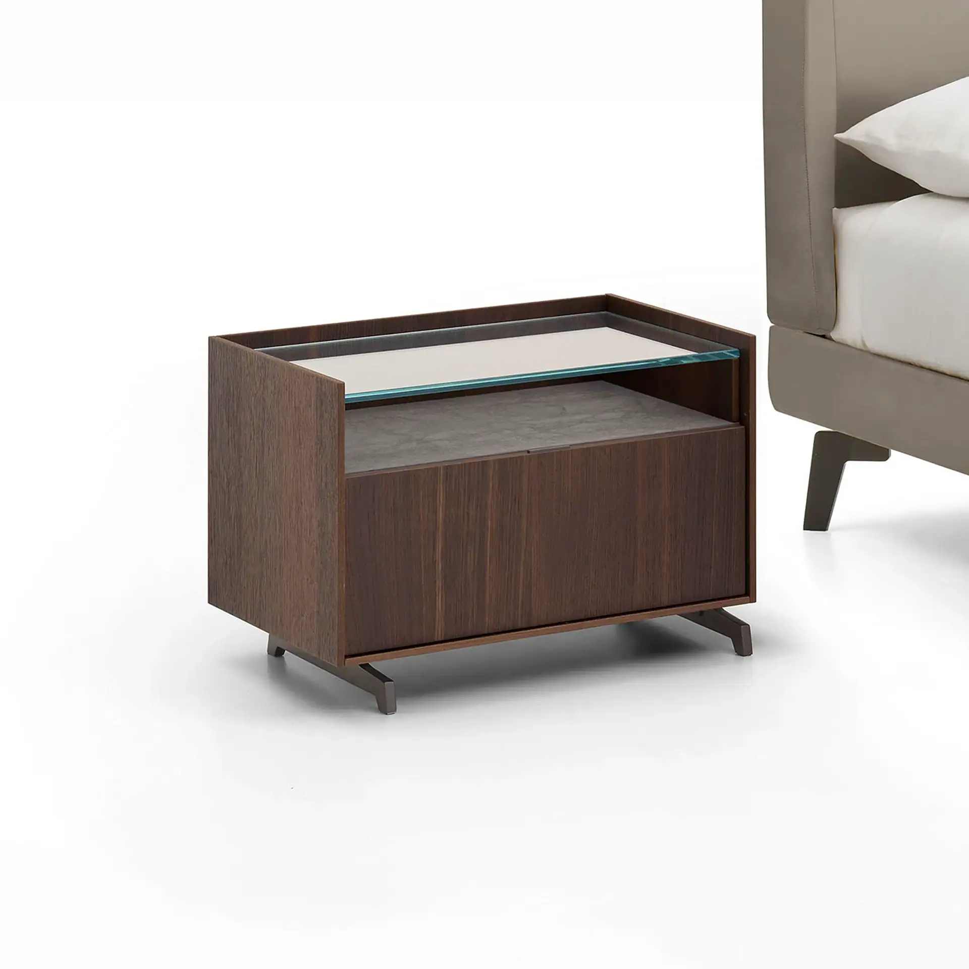 Walnut nightstand with glass top and storage drawer, contemporary bedroom furniture.